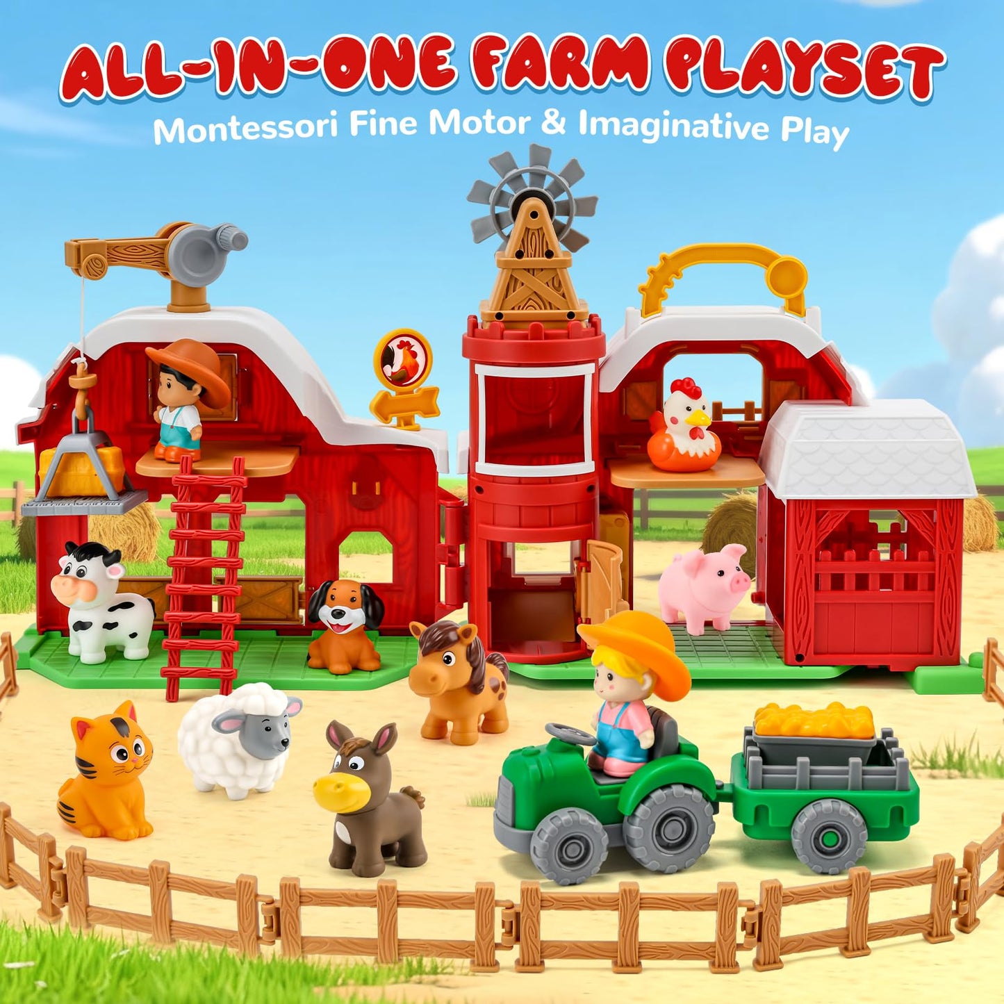 Bessome 15-Piece Upgraded Farm Barn Playset – Montessori Toddler Toys (18 Months+)