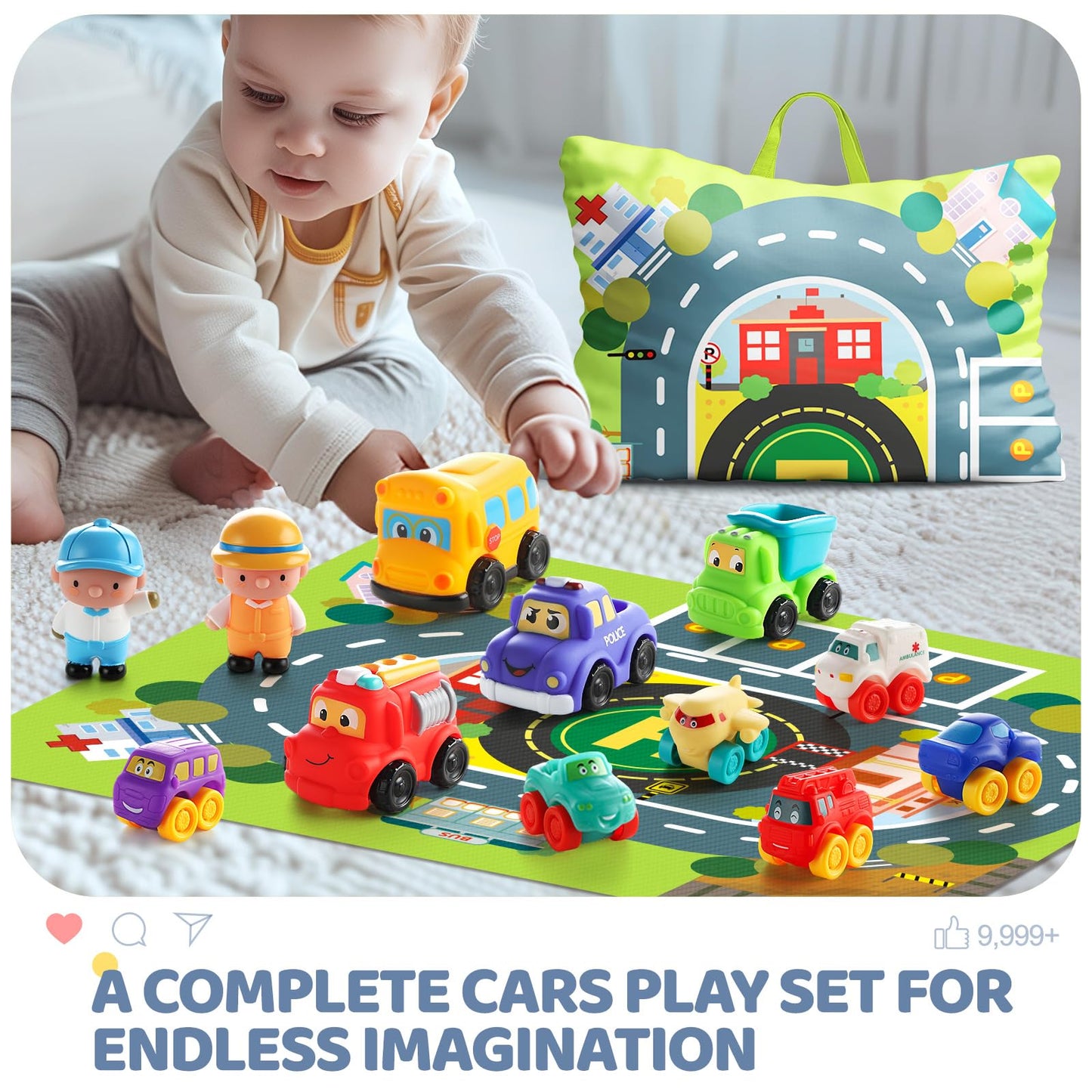 bessome Soft Rubber Cars with Playmat – 12-Piece Baby Toys (12–36 Mo)
