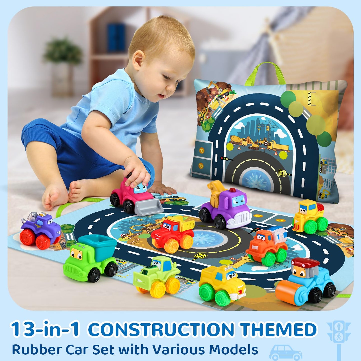 bessome Soft Rubber Cars Toy Set – 12-Piece Playmat Car Toys for Toddlers 1+ Year | Portable Storage Bag