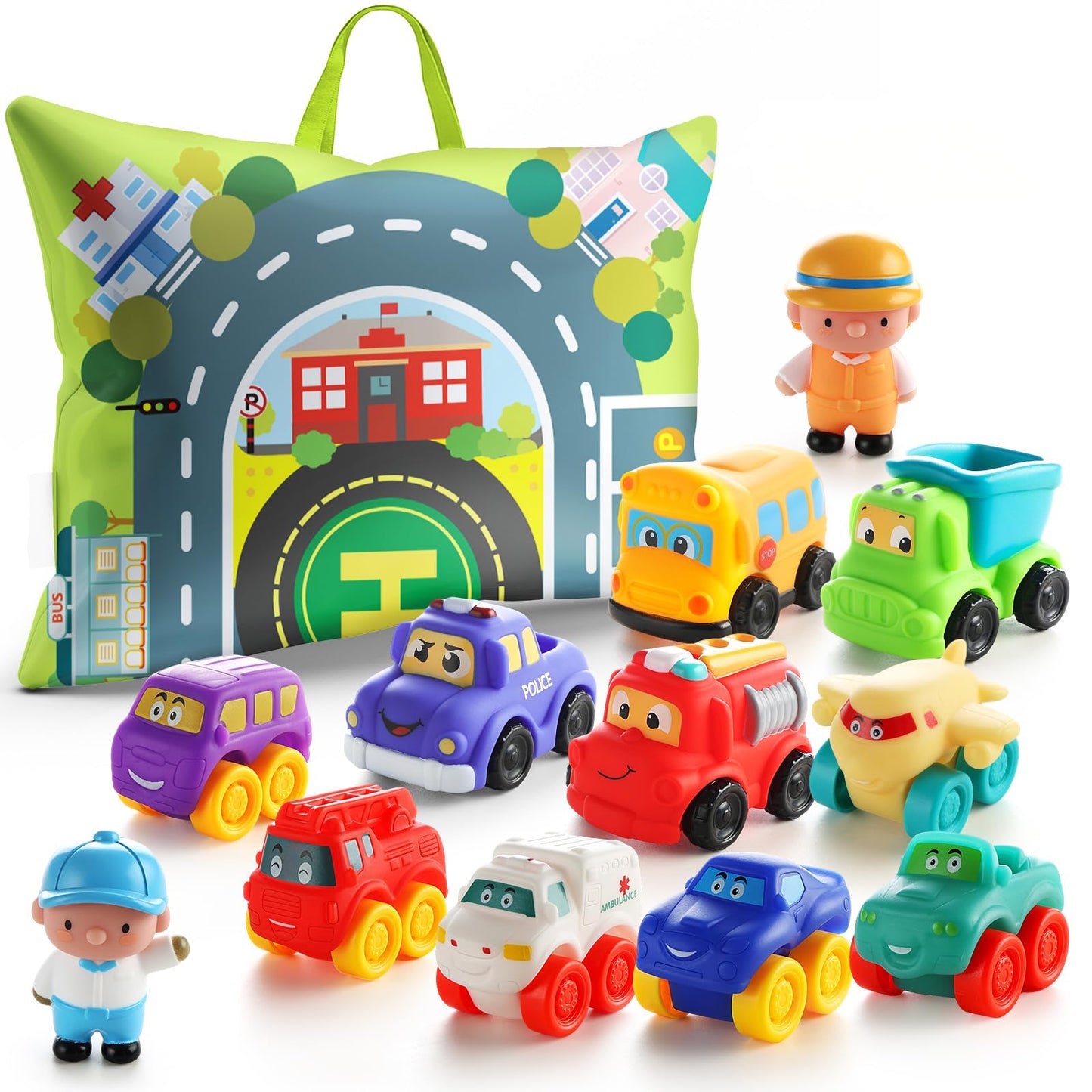 bessome Soft Rubber Cars with Playmat – 12-Piece Baby Toys (12–36 Mo)