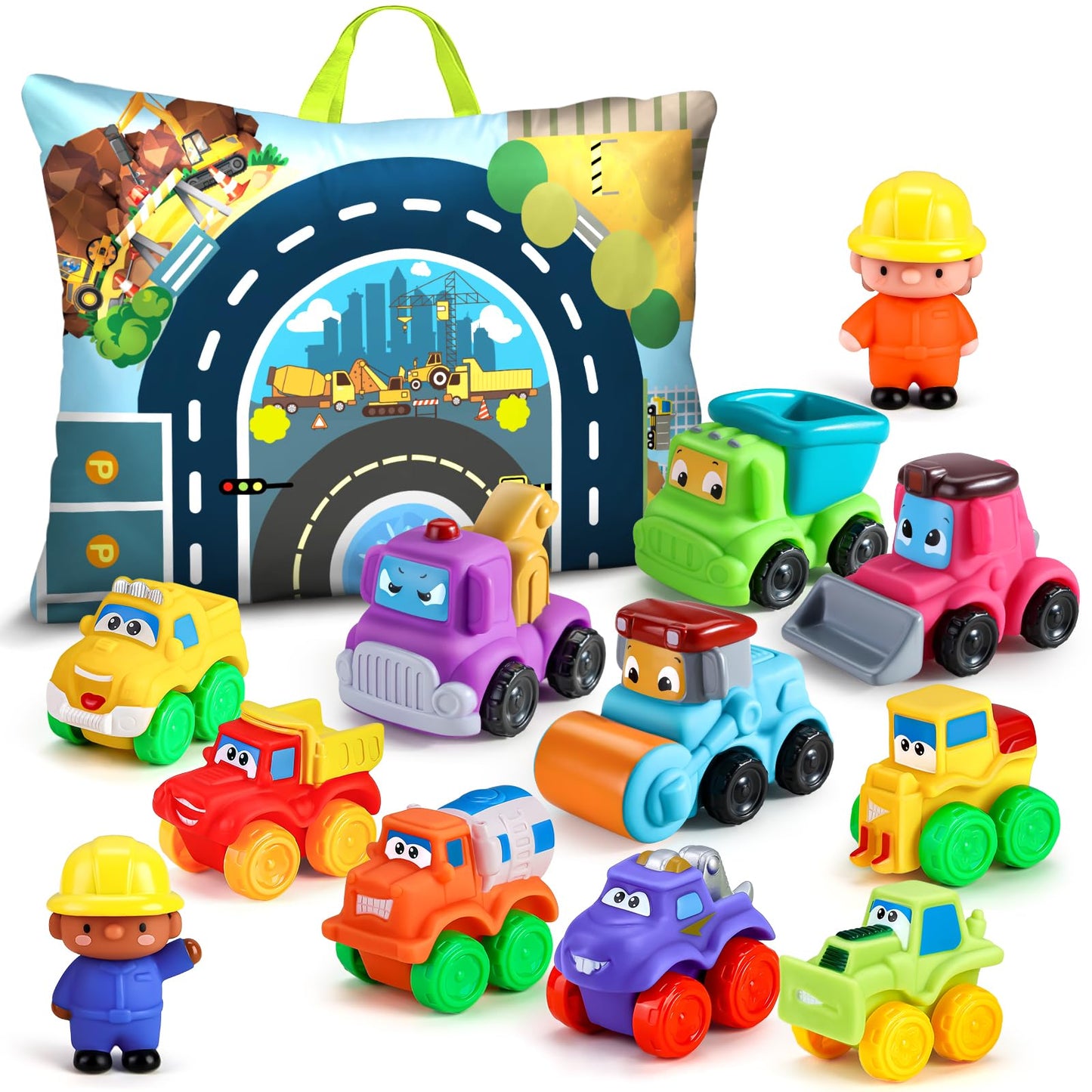 bessome Soft Rubber Cars Toy Set – 12-Piece Playmat Car Toys for Toddlers 1+ Year | Portable Storage Bag