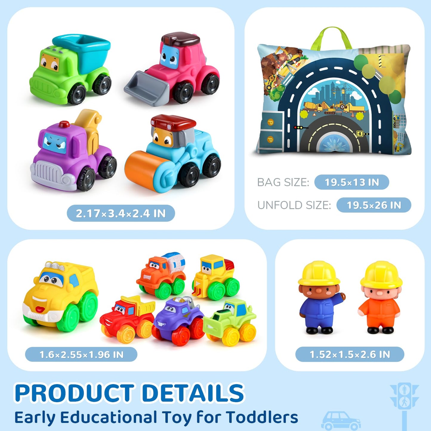 bessome Soft Rubber Cars Toy Set – 12-Piece Playmat Car Toys for Toddlers 1+ Year | Portable Storage Bag