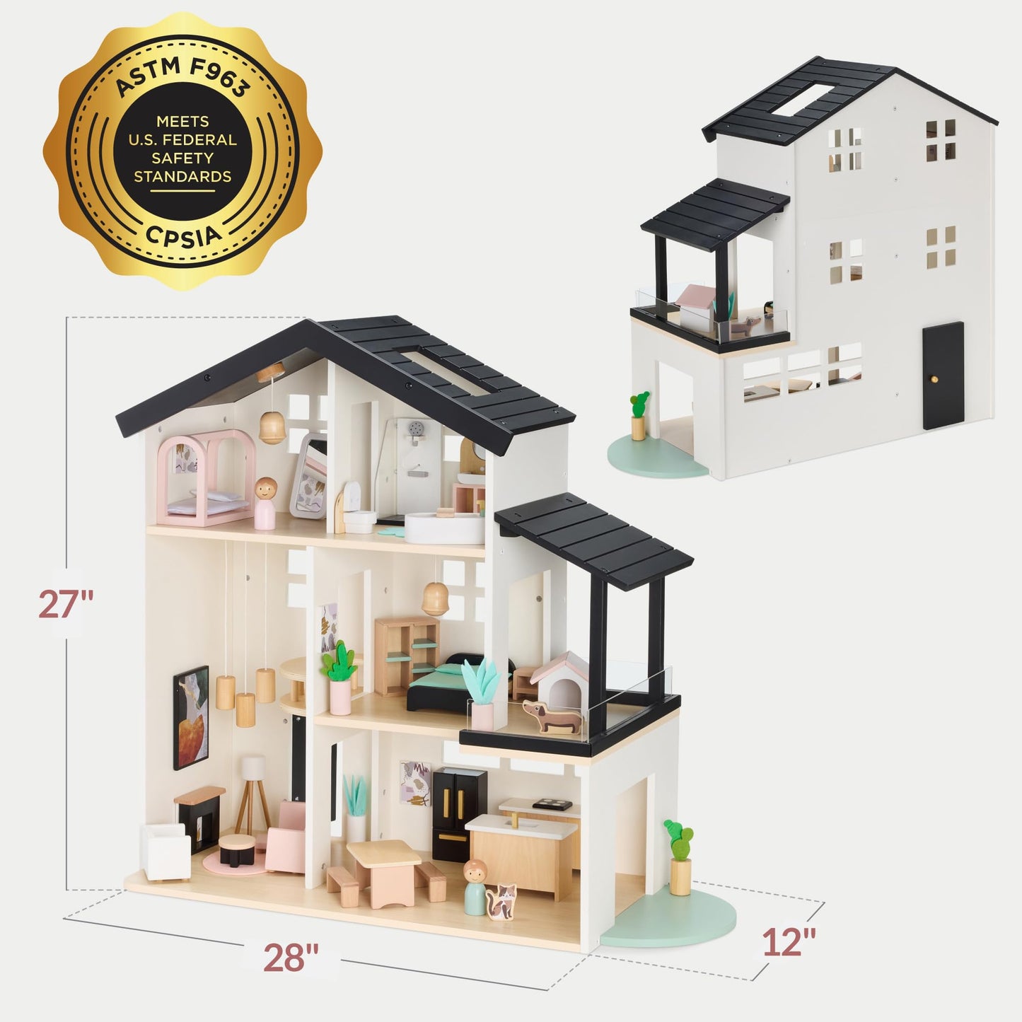 Best Choice Products Wooden Doll House with 40 Accessories — 3-Story Modern Playset (28 x 12 x 27 in)