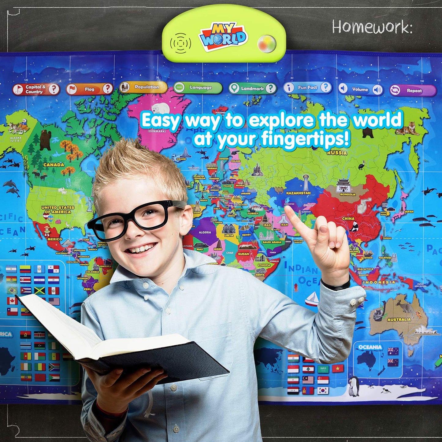 BEST LEARNING i-Poster My World – Interactive Talking World Map for Kids Aged 5-12 to Learn Countries, Flags & Fun Facts