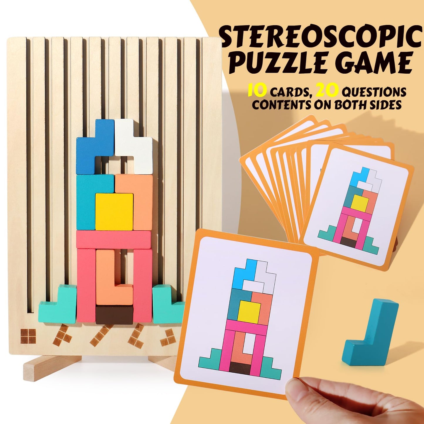 BESTAMTOY Wooden Russian Blocks Puzzle – Tangram Brain Teaser for 3-6 Year Olds