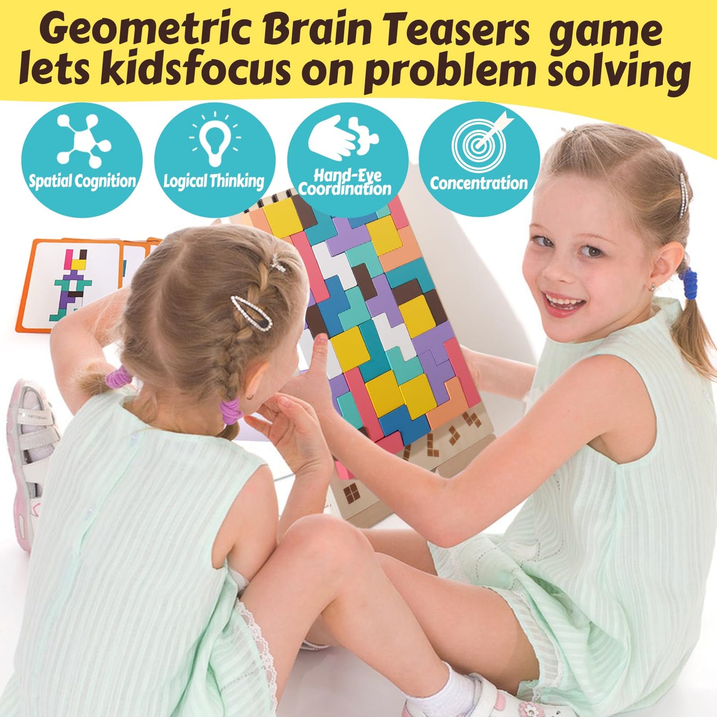 BESTAMTOY Wooden Russian Blocks Puzzle – Tangram Brain Teaser for 3-6 Year Olds