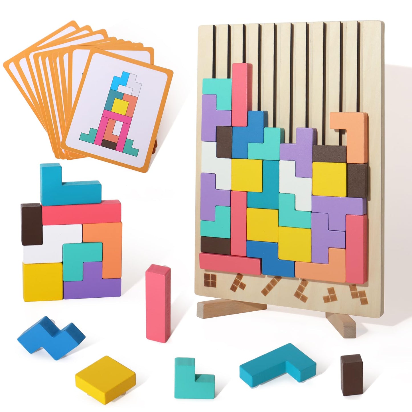 BESTAMTOY Wooden Russian Blocks Puzzle – Tangram Brain Teaser for 3-6 Year Olds