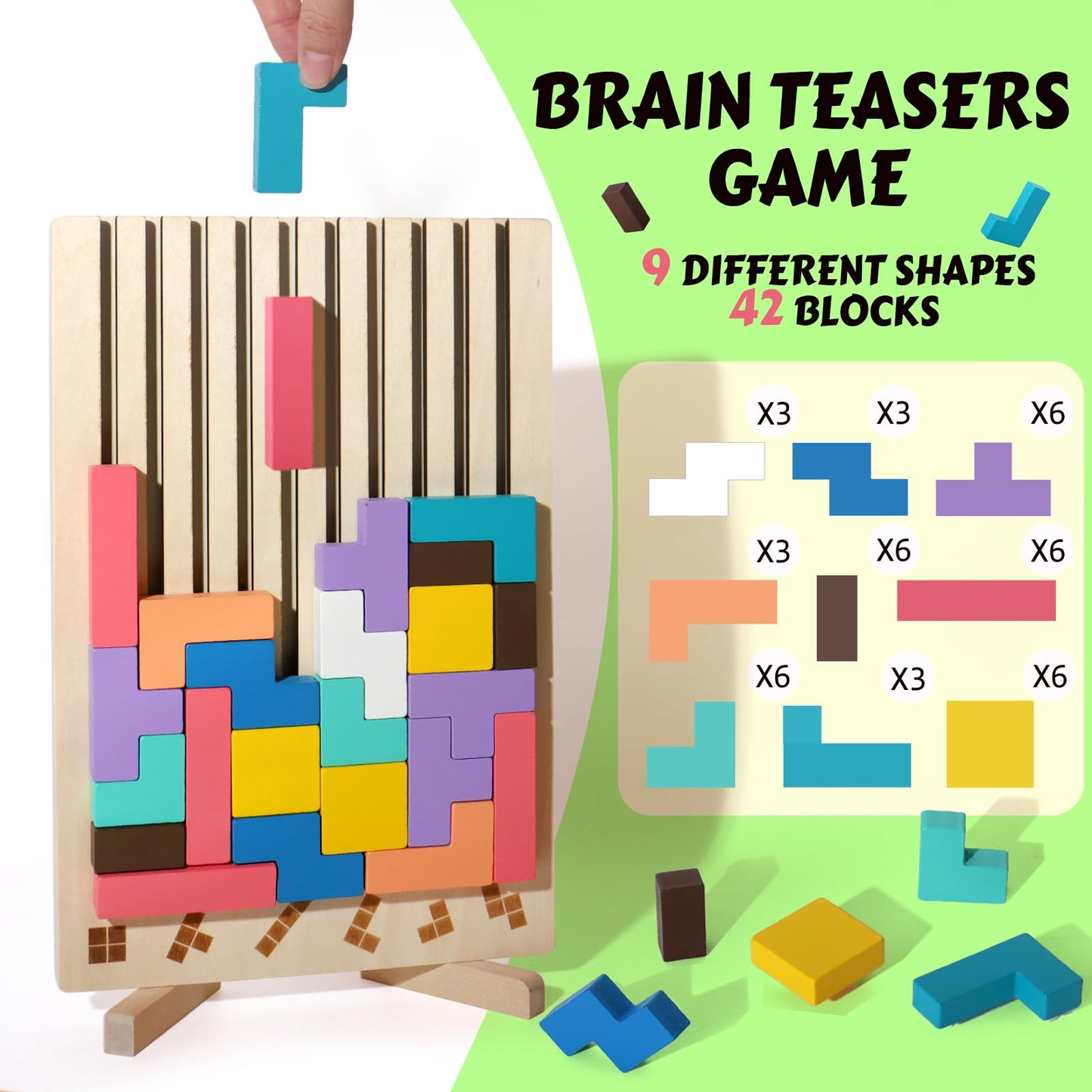 BESTAMTOY Wooden Russian Blocks Puzzle – Tangram Brain Teaser for 3-6 Year Olds