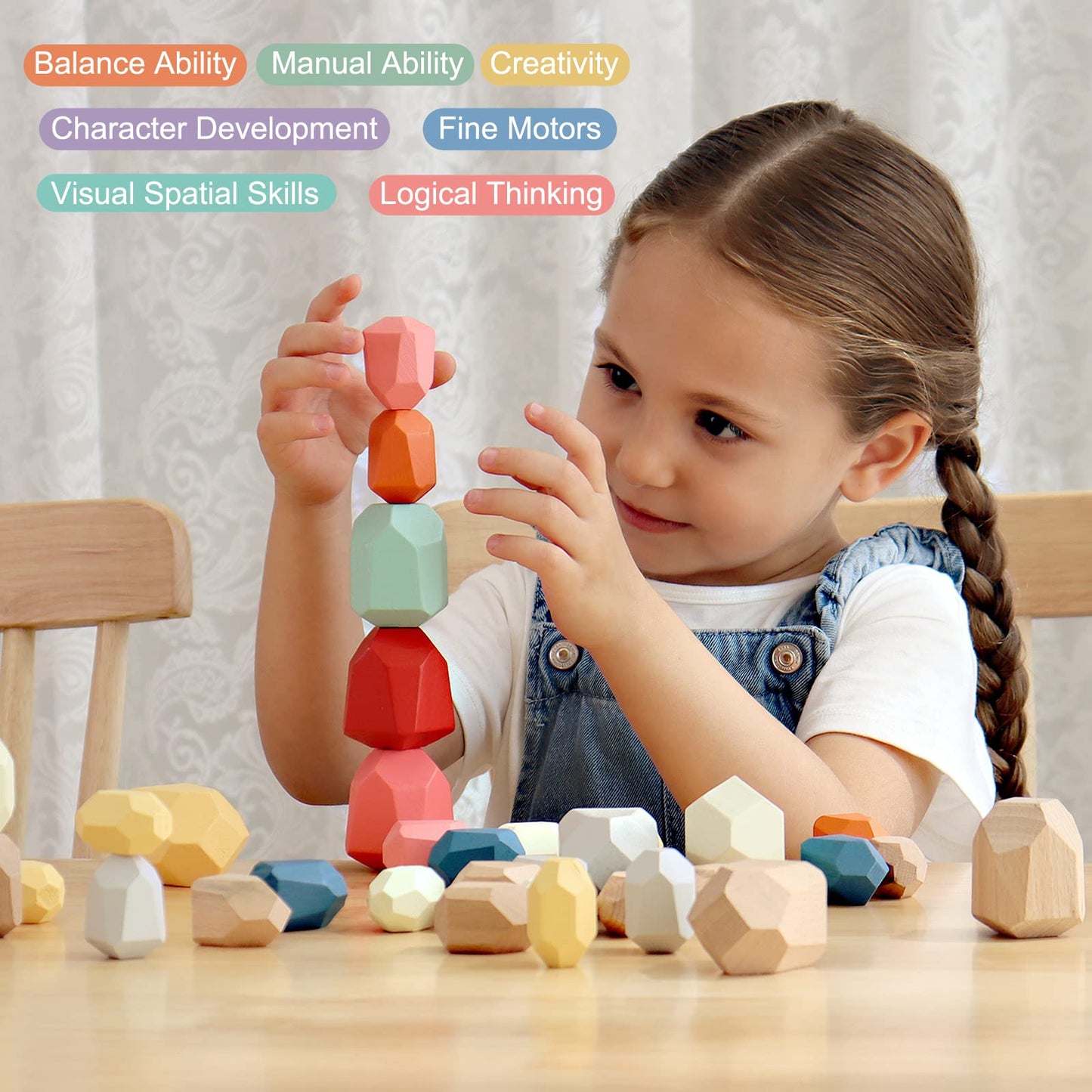 BESTAMTOY 36 PCS Wooden Sorting Stones | Sensory Stacking Toy for Kids 3–6