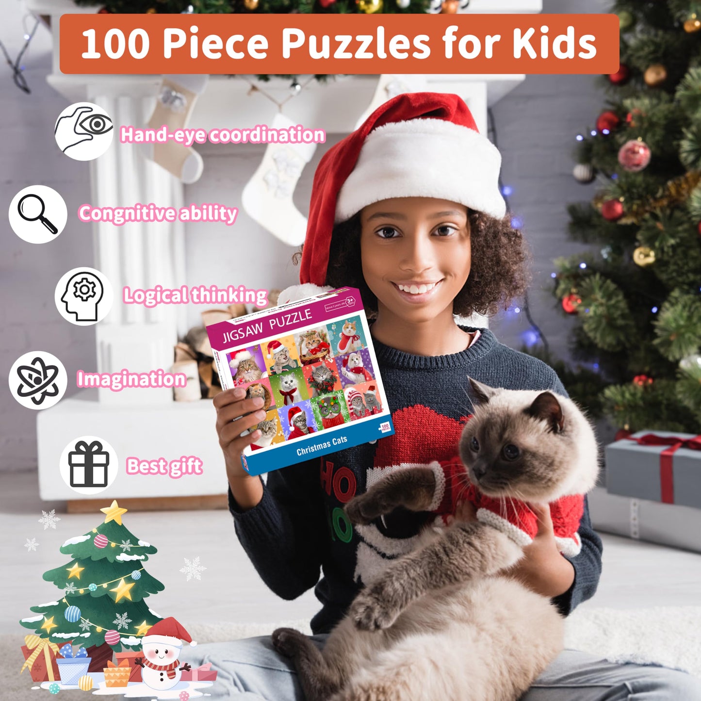 Bestbase Christmas Puzzle 100-Piece Cats for Kids | Multicolor Jigsaw, Ages 6-10