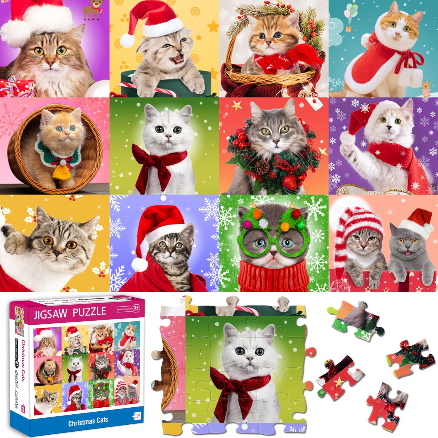 Bestbase Christmas Puzzle 100-Piece Cats for Kids | Multicolor Jigsaw, Ages 6-10