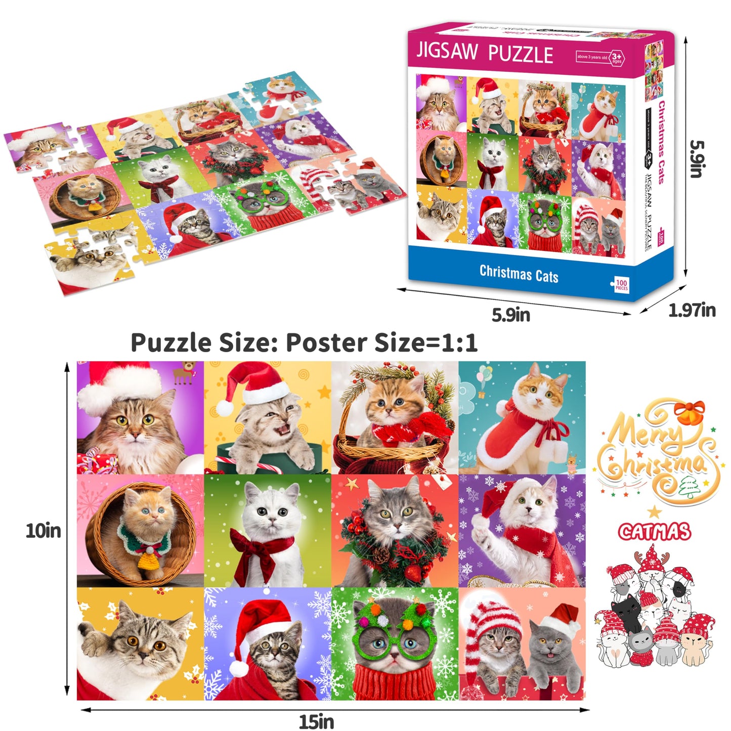 Bestbase Christmas Puzzle 100-Piece Cats for Kids | Multicolor Jigsaw, Ages 6-10
