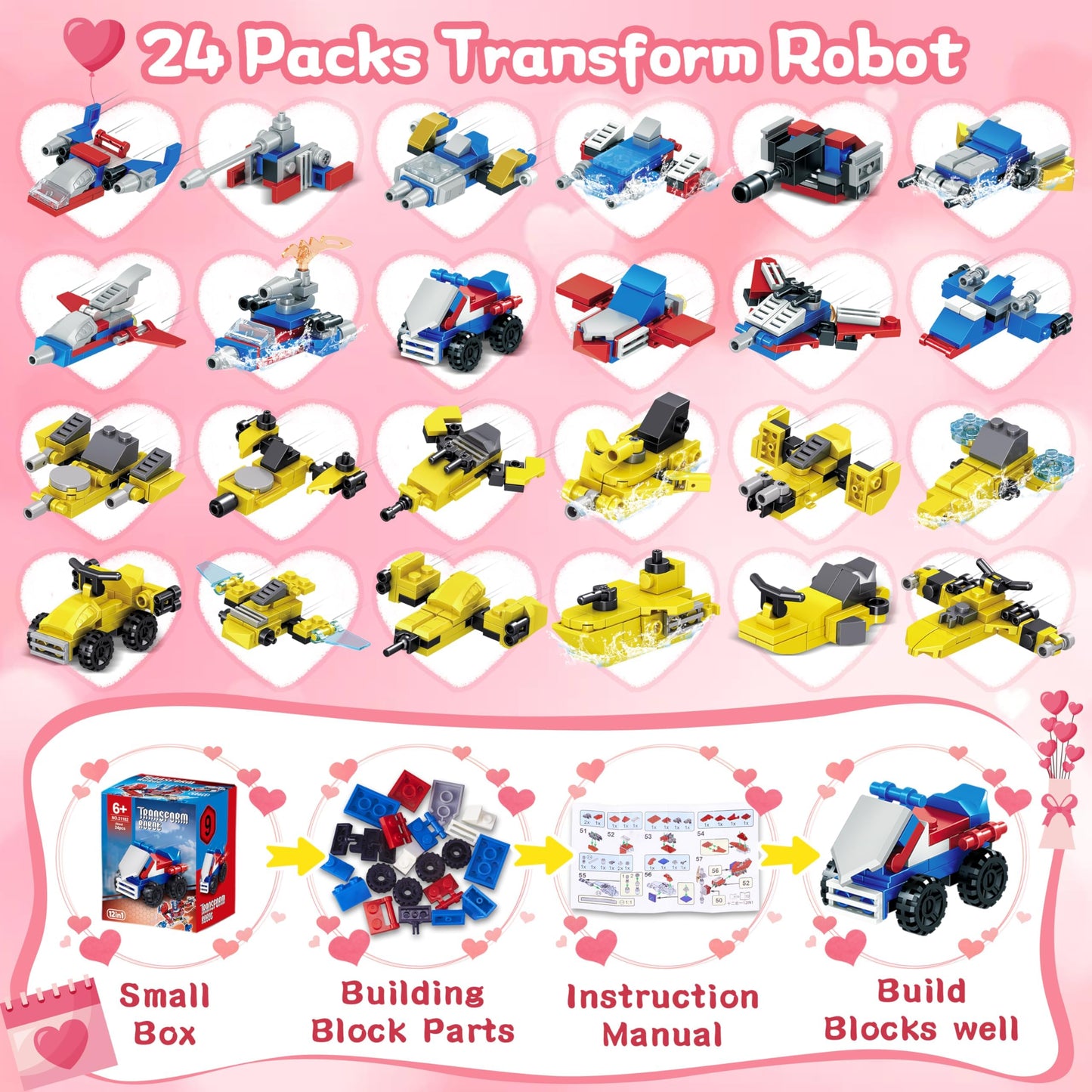 Bestbase 24-Pack Transform Robot Building Blocks – 24 Fun Valentines Day Gifts for Kids