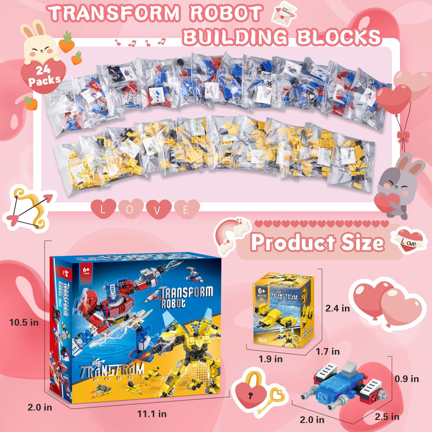 Bestbase 24-Pack Transform Robot Building Blocks – 24 Fun Valentines Day Gifts for Kids