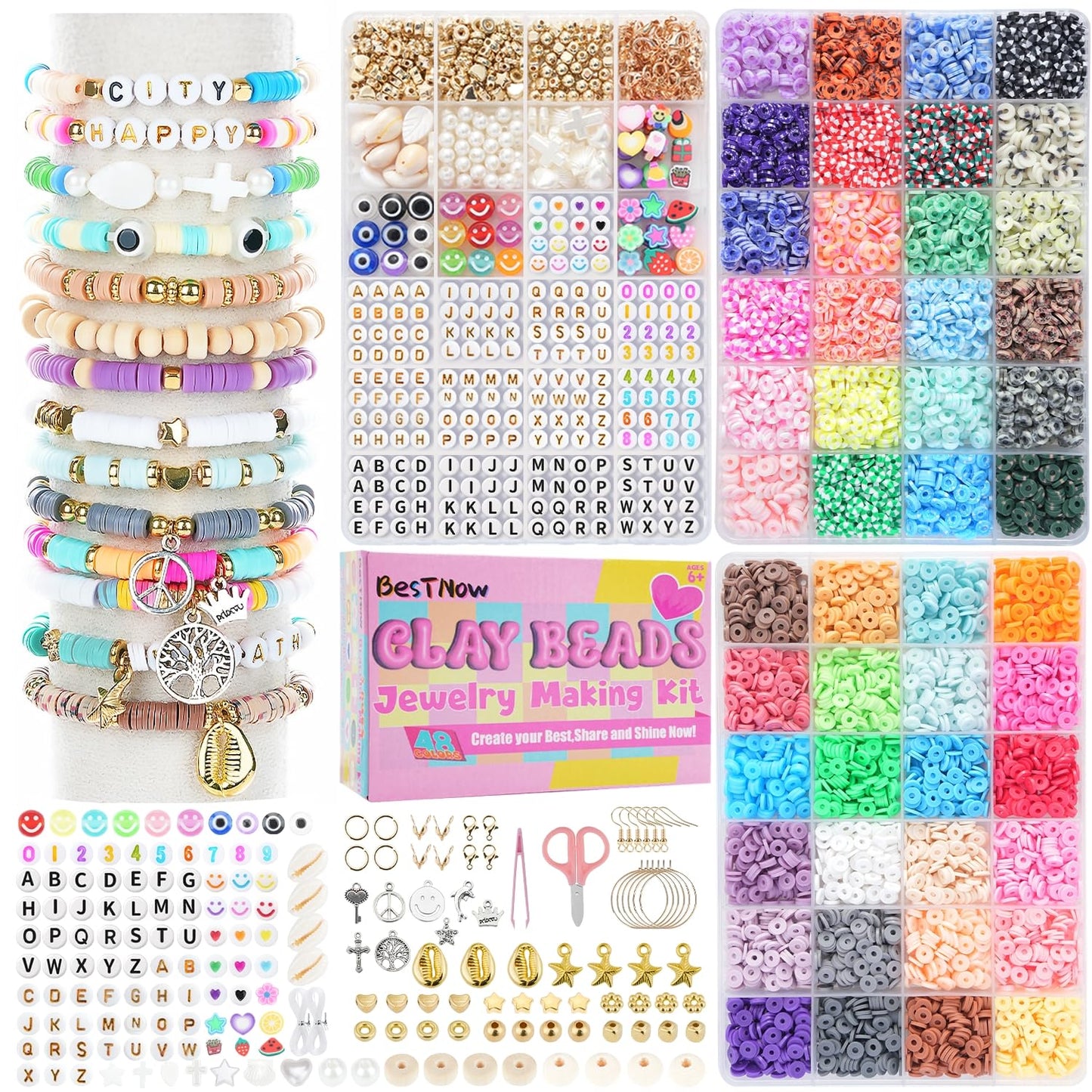 BestNow Bracelet Making Kit – 48 Colors, 7200 Beads, 3 Boxes | Charms & Strings
