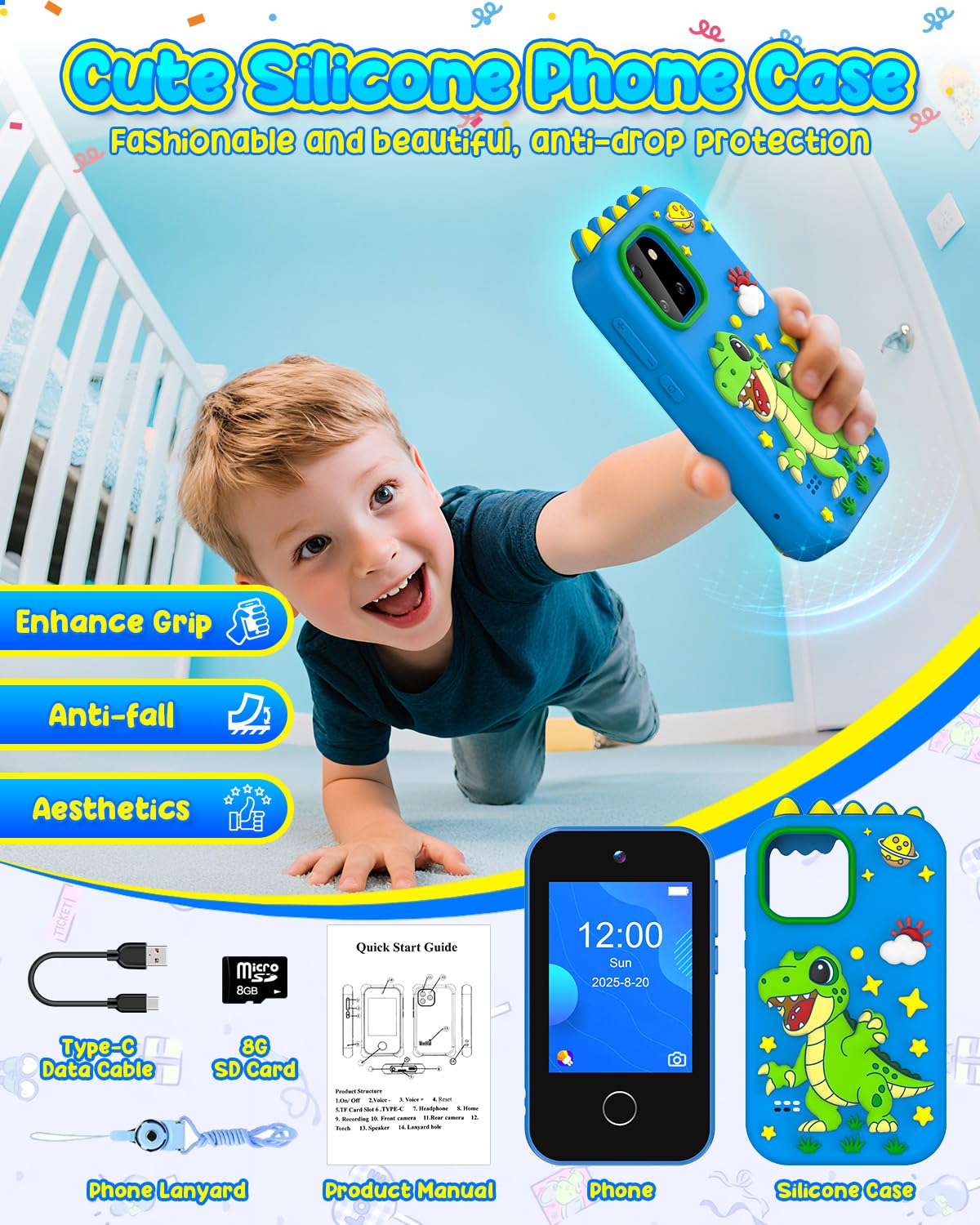 BESTOONE Kids Smartphone Toy for Ages 3-8 – Safe No Internet, HD Camera & Learning Games (Blue)