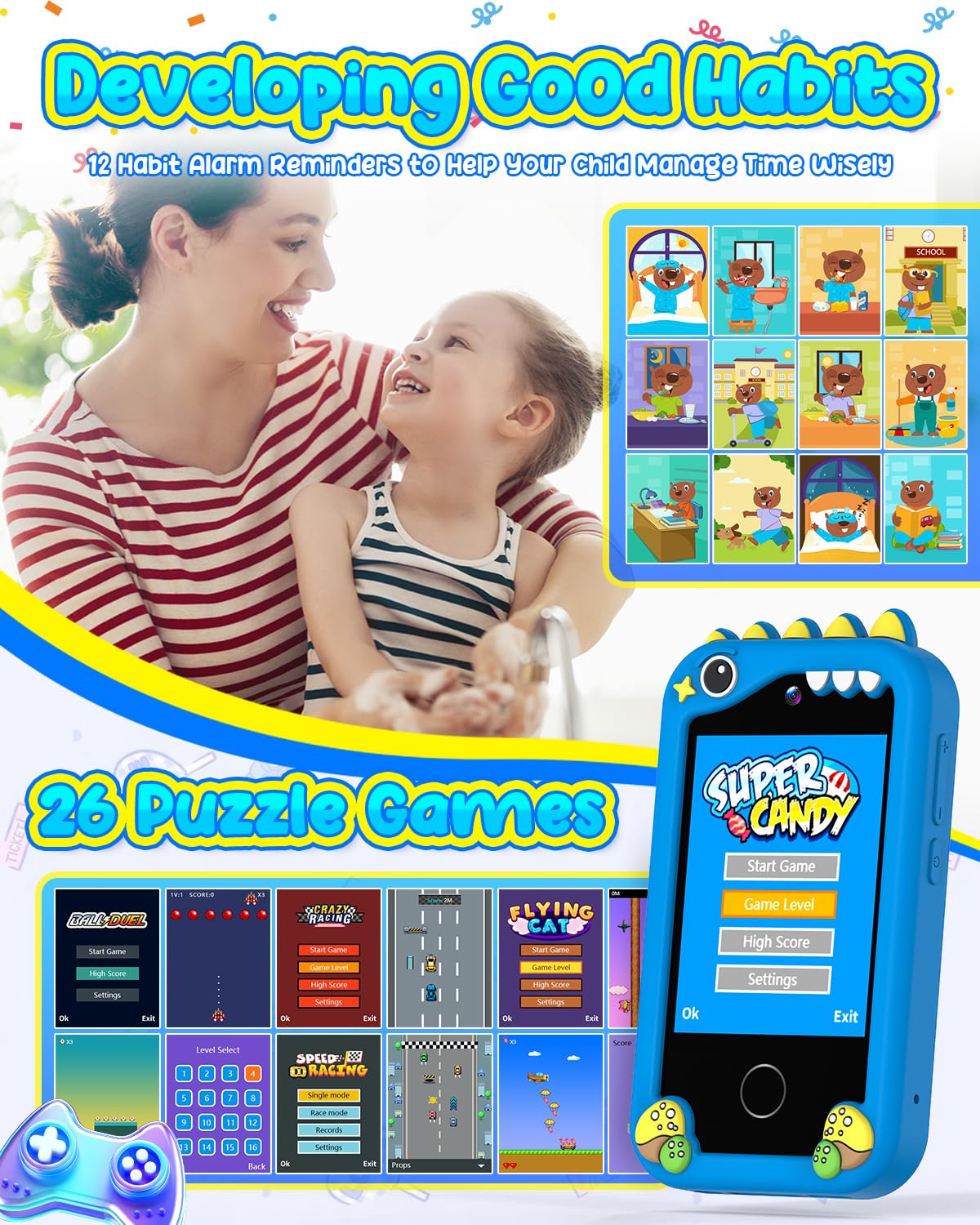 BESTOONE Kids Smartphone Toy for Ages 3-8 – Safe No Internet, HD Camera & Learning Games (Blue)