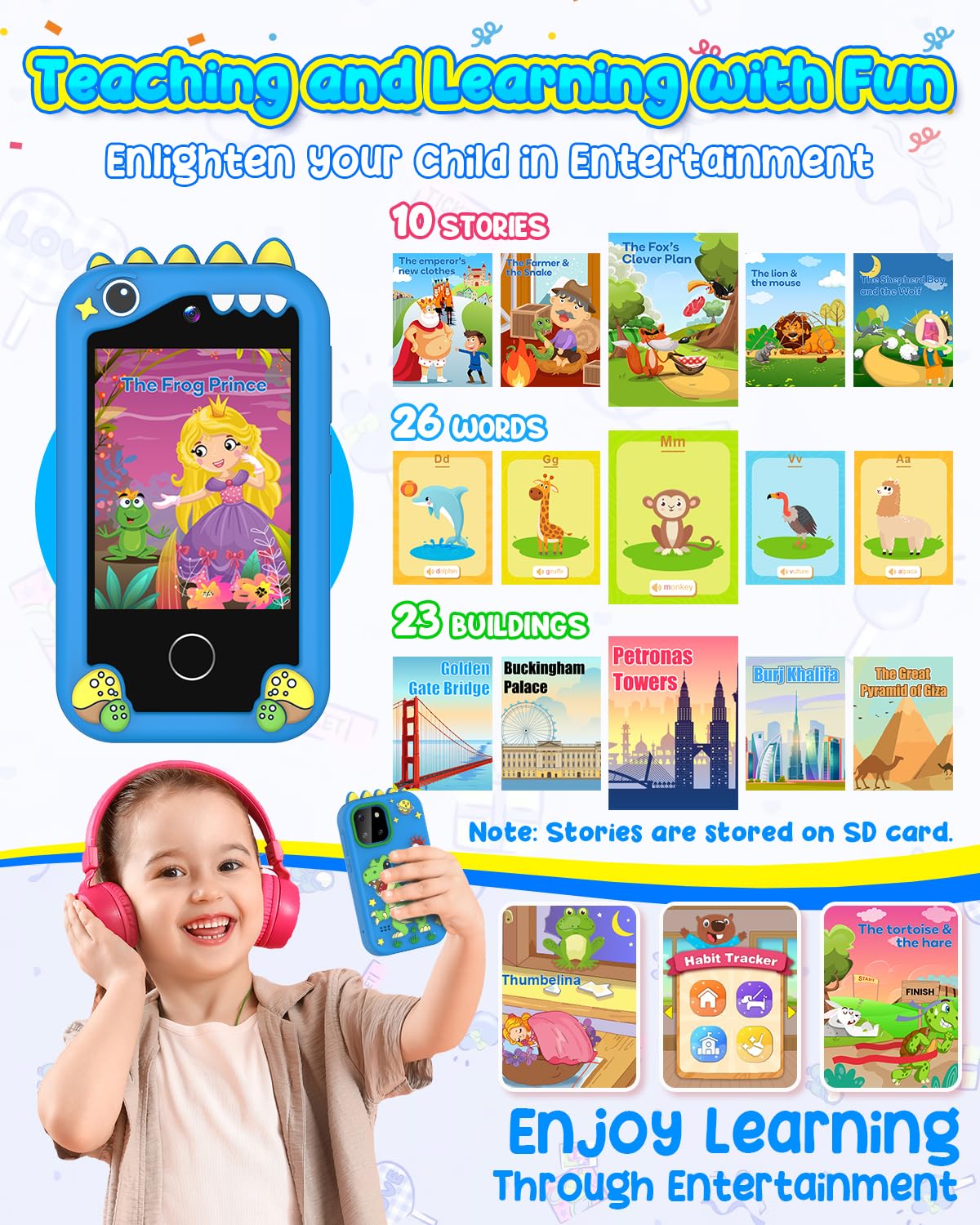 BESTOONE Kids Smartphone Toy for Ages 3-8 – Safe No Internet, HD Camera & Learning Games (Blue)