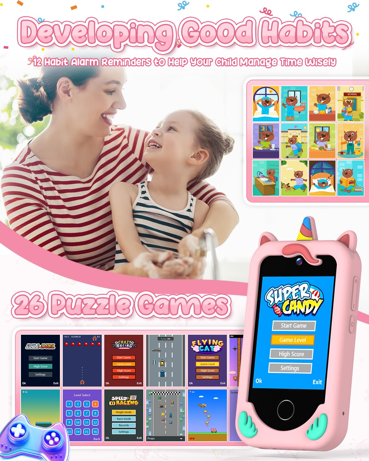 BESTOONE Kids' Phone Toy - Safe No Internet Smartphone for 3-8 Year Olds | HD Camera, MP3 & Learning Games