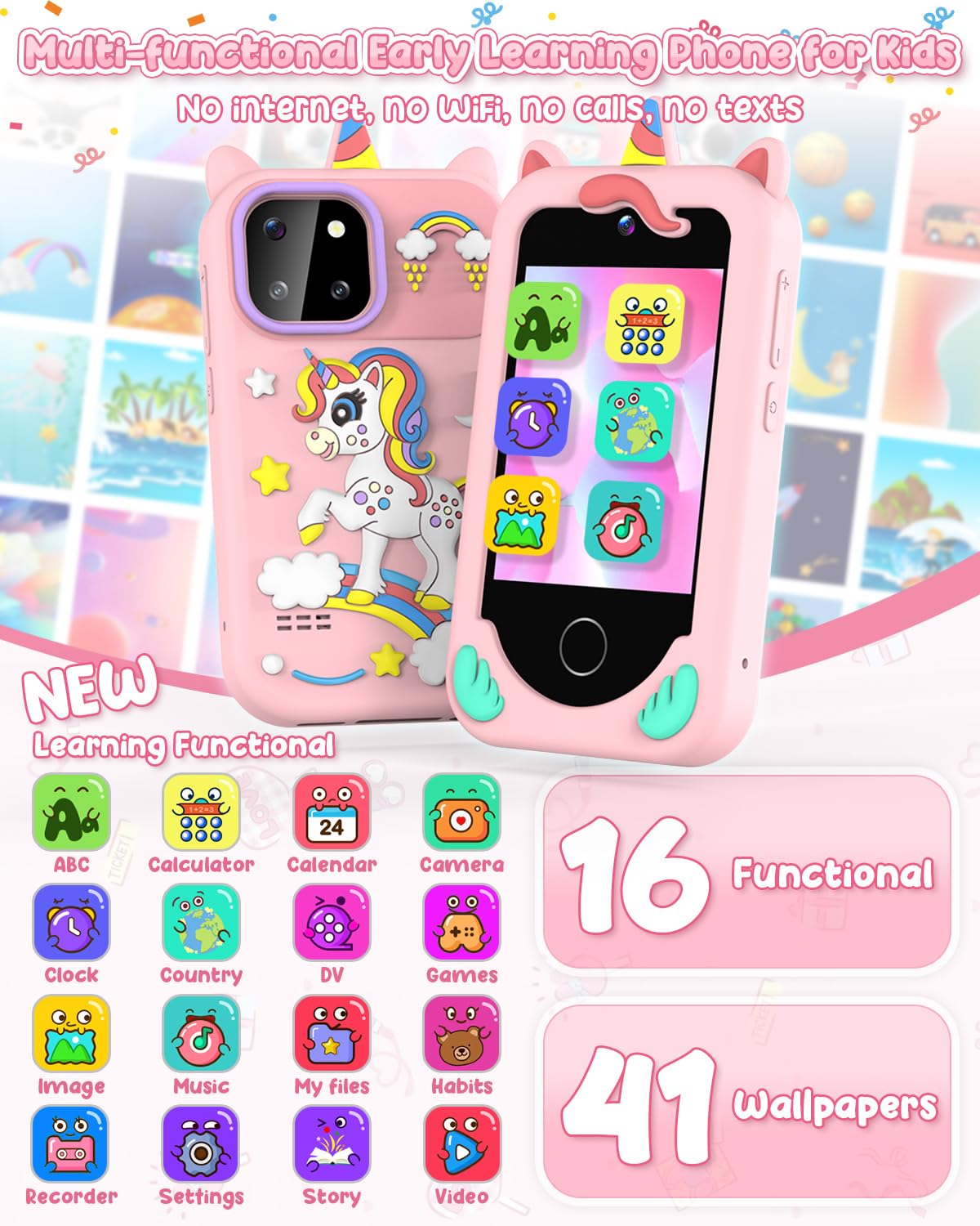 BESTOONE Kids' Phone Toy - Safe No Internet Smartphone for 3-8 Year Olds | HD Camera, MP3 & Learning Games