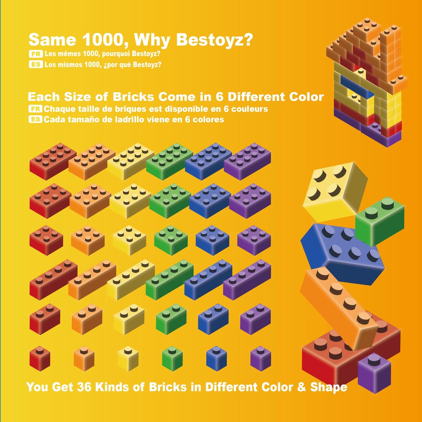 Bestoyz Building Bricks 1000 Pieces in Rainbow Colors – Educational Blocks for Kids Aged 4+