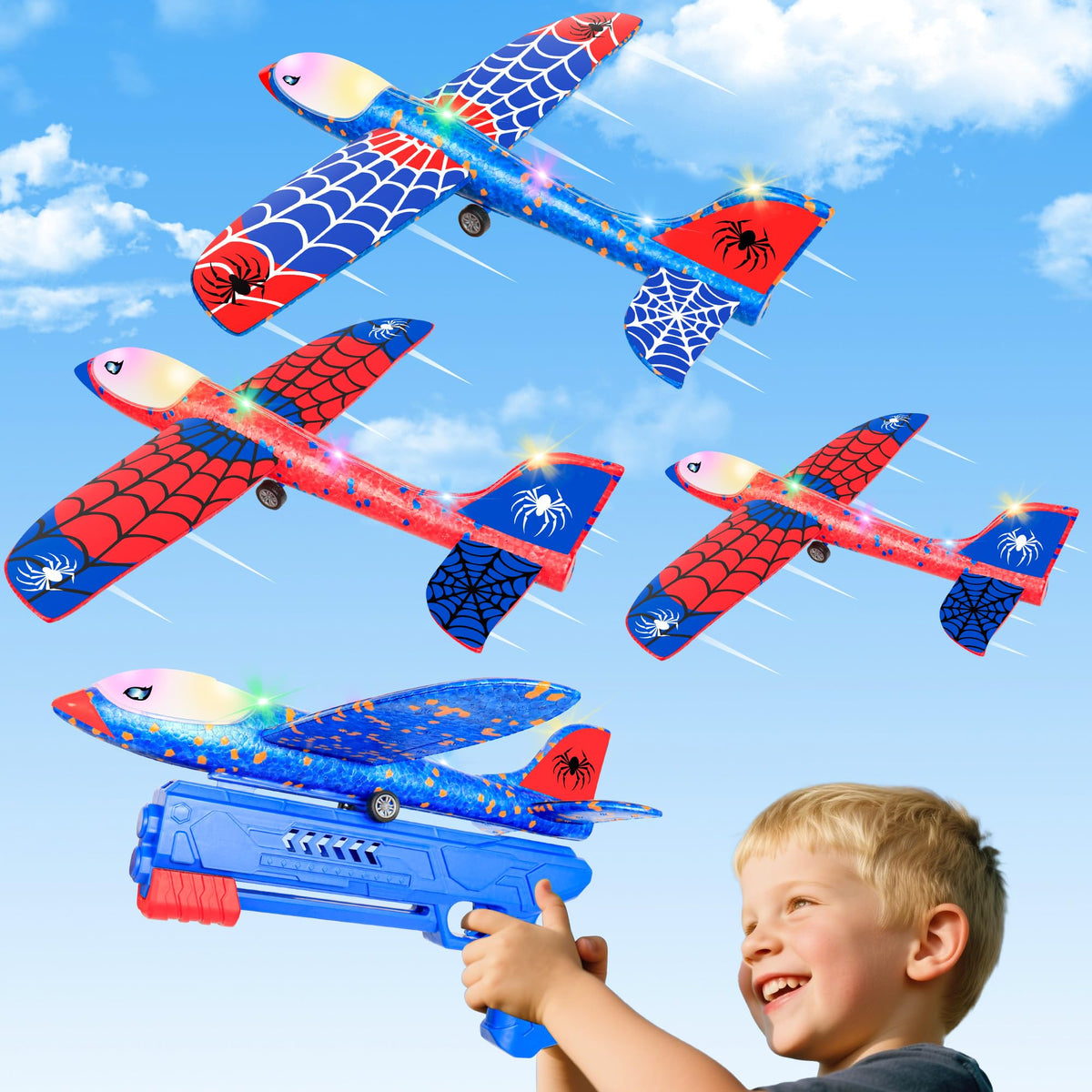 BESTVIVE 3 Pack Airplane Toys - 12.6-in LED Foam Glider Planes with Launcher | Outdoor Kids Gift