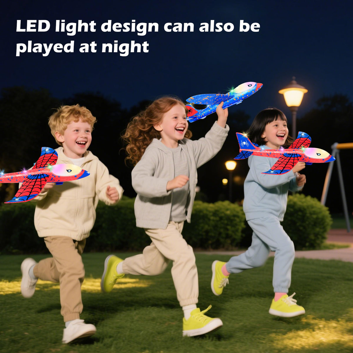 BESTVIVE 3 Pack Airplane Toys - 12.6-in LED Foam Glider Planes with Launcher | Outdoor Kids Gift