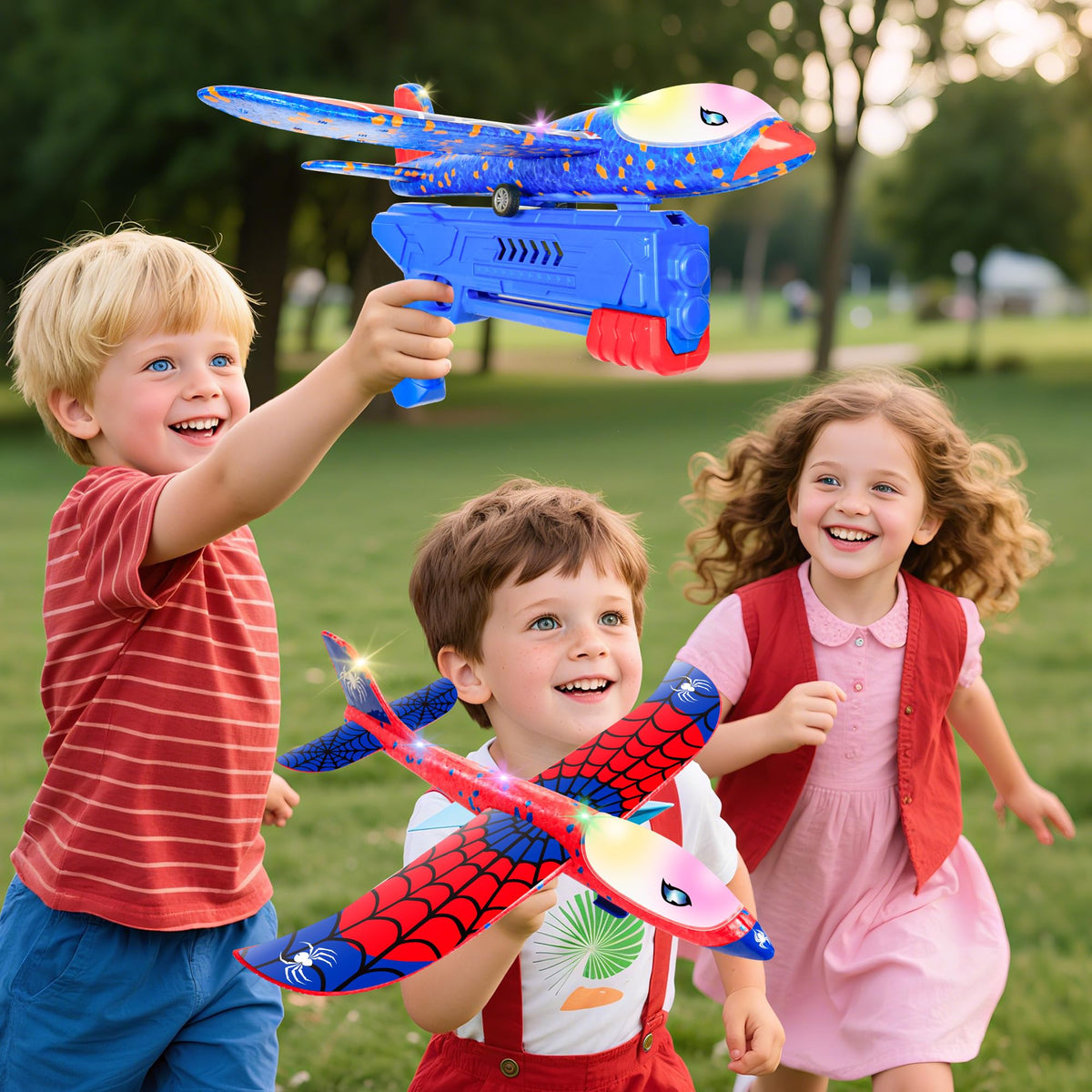 BESTVIVE 3 Pack Airplane Toys - 12.6-in LED Foam Glider Planes with Launcher | Outdoor Kids Gift