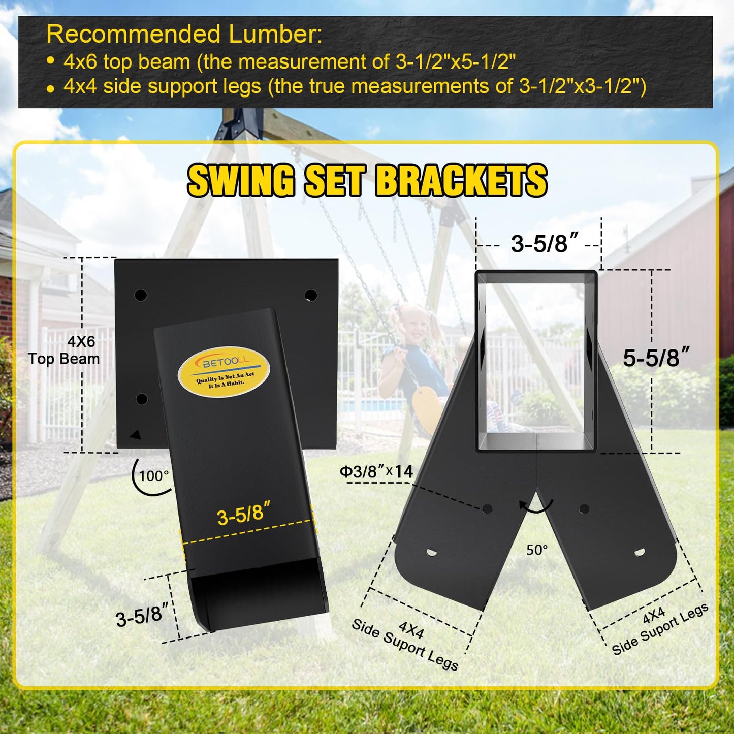 BETOOLL Swing Set Brackets: Heavy-Duty A-Frame Kit with Hardware – Black
