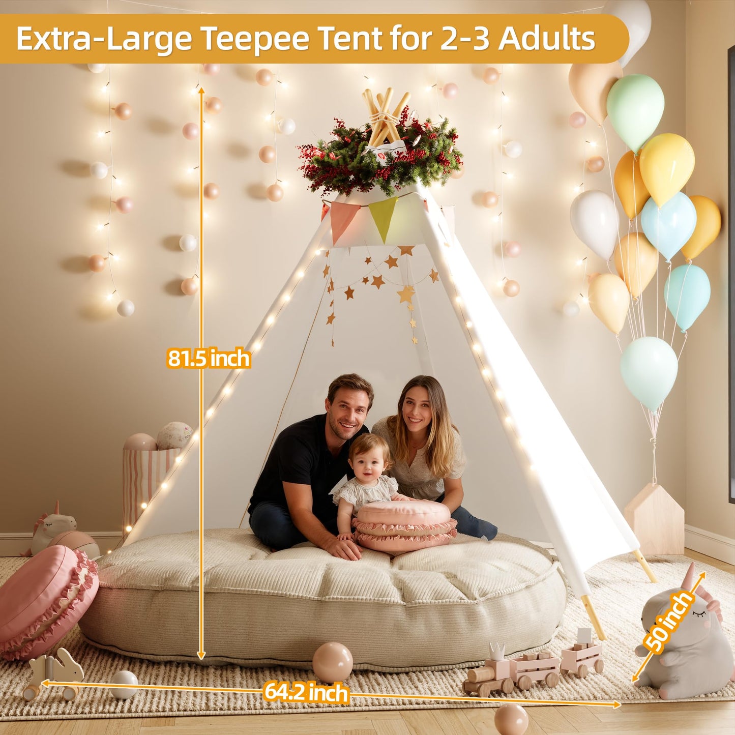 Betterhood 7' Large Teepee Tent for Adults – Canvas Play Tent, Indoor & Outdoor, White