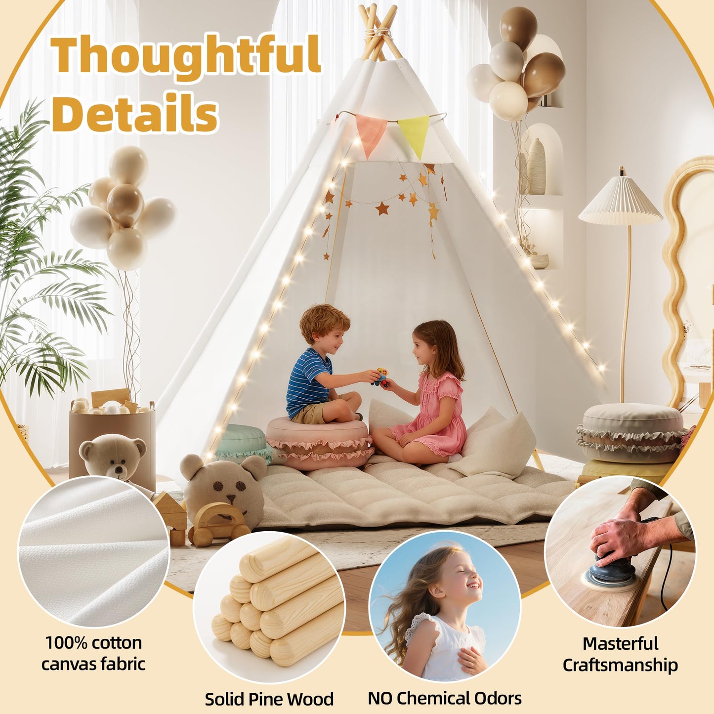 Betterhood 7' Large Teepee Tent for Adults – Canvas Play Tent, Indoor & Outdoor, White
