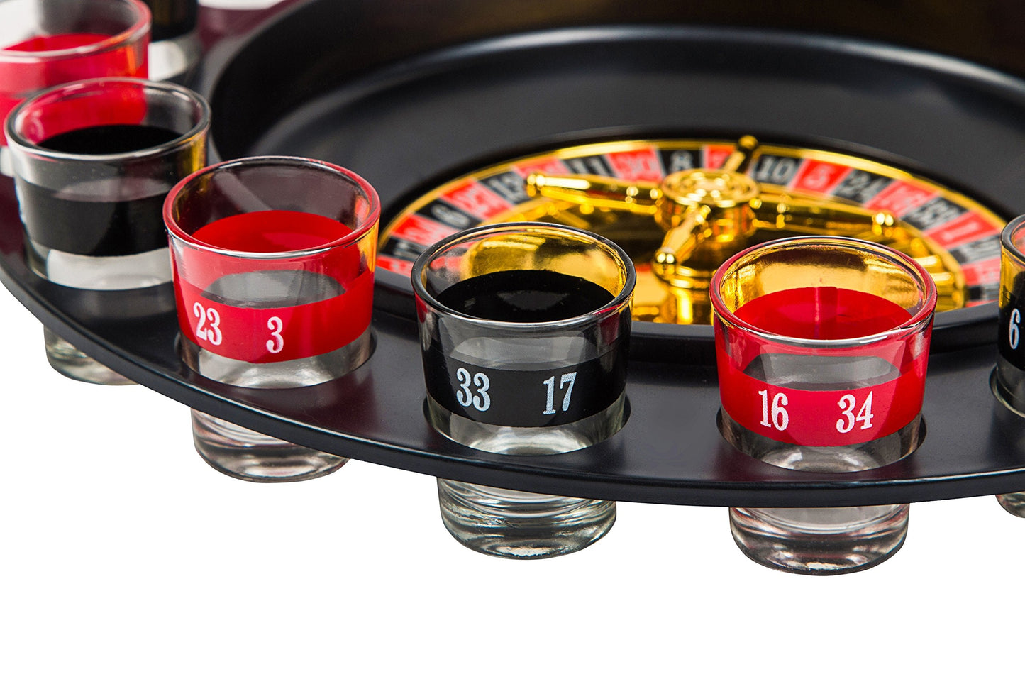 BETTERLINE Shot Glass Roulette Game + Poker Cards Set – 12" Wheel, 16 Glasses