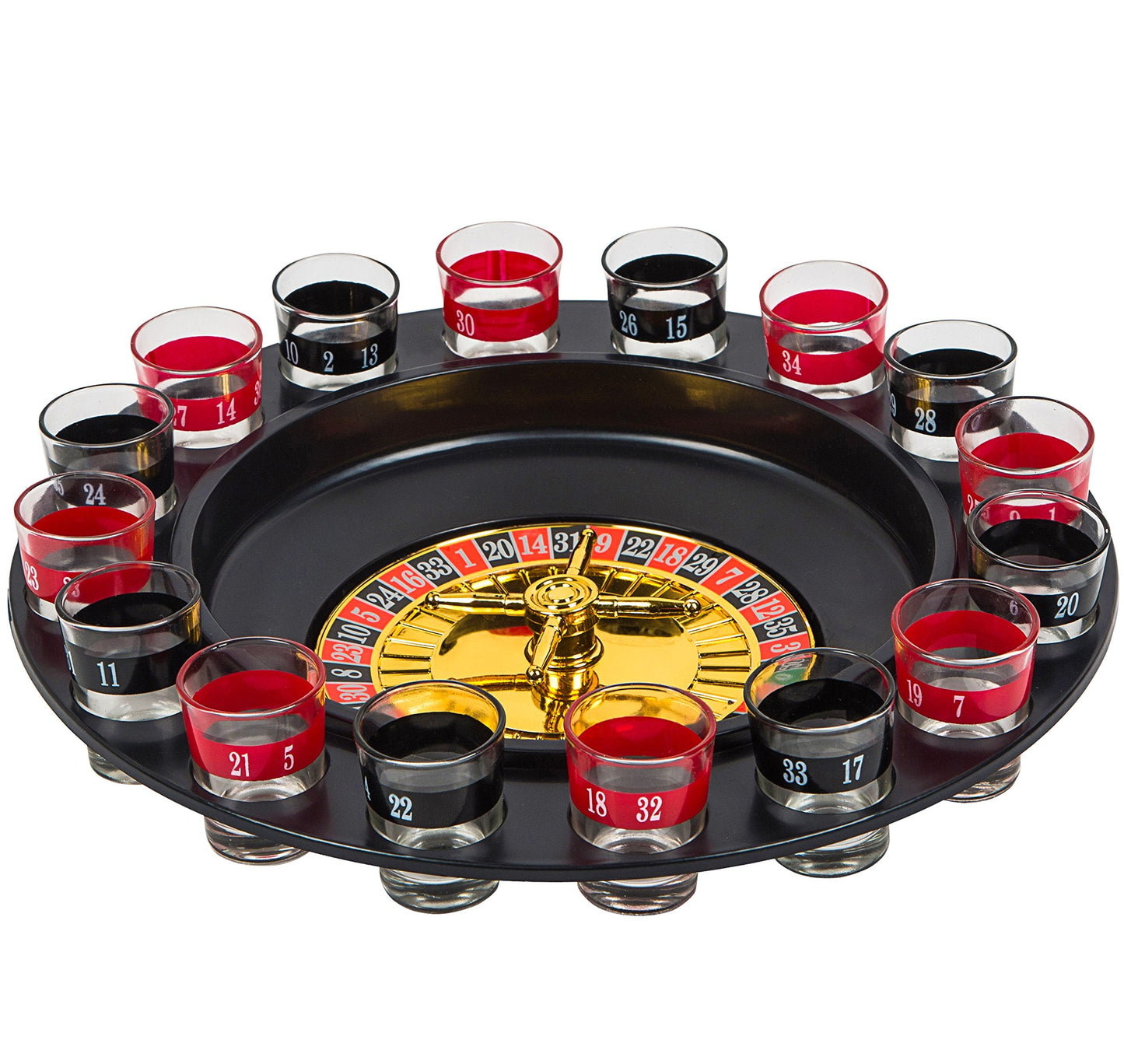 BETTERLINE Shot Glass Roulette Game + Poker Cards Set – 12" Wheel, 16 Glasses