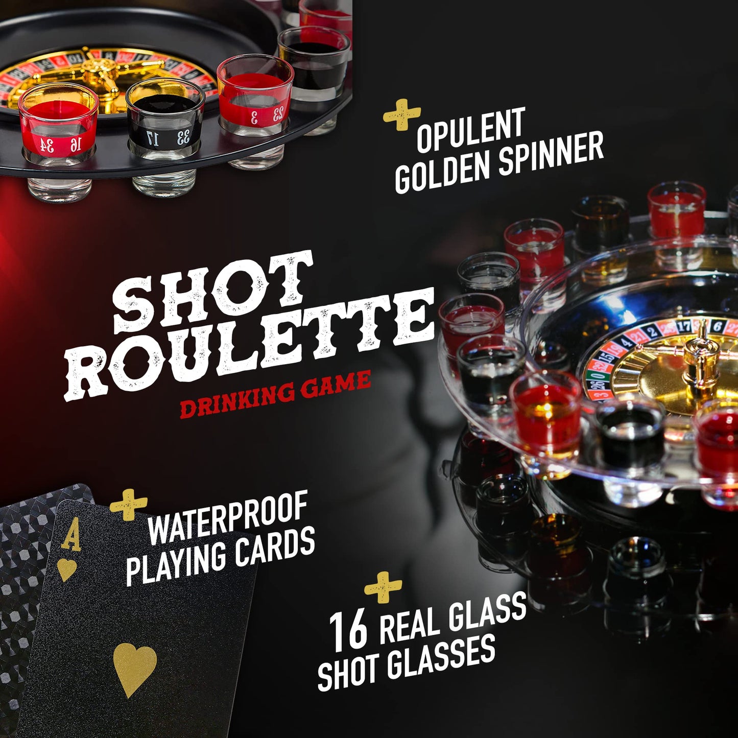 BETTERLINE Shot Glass Roulette Game + Poker Cards Set – 12" Wheel, 16 Glasses