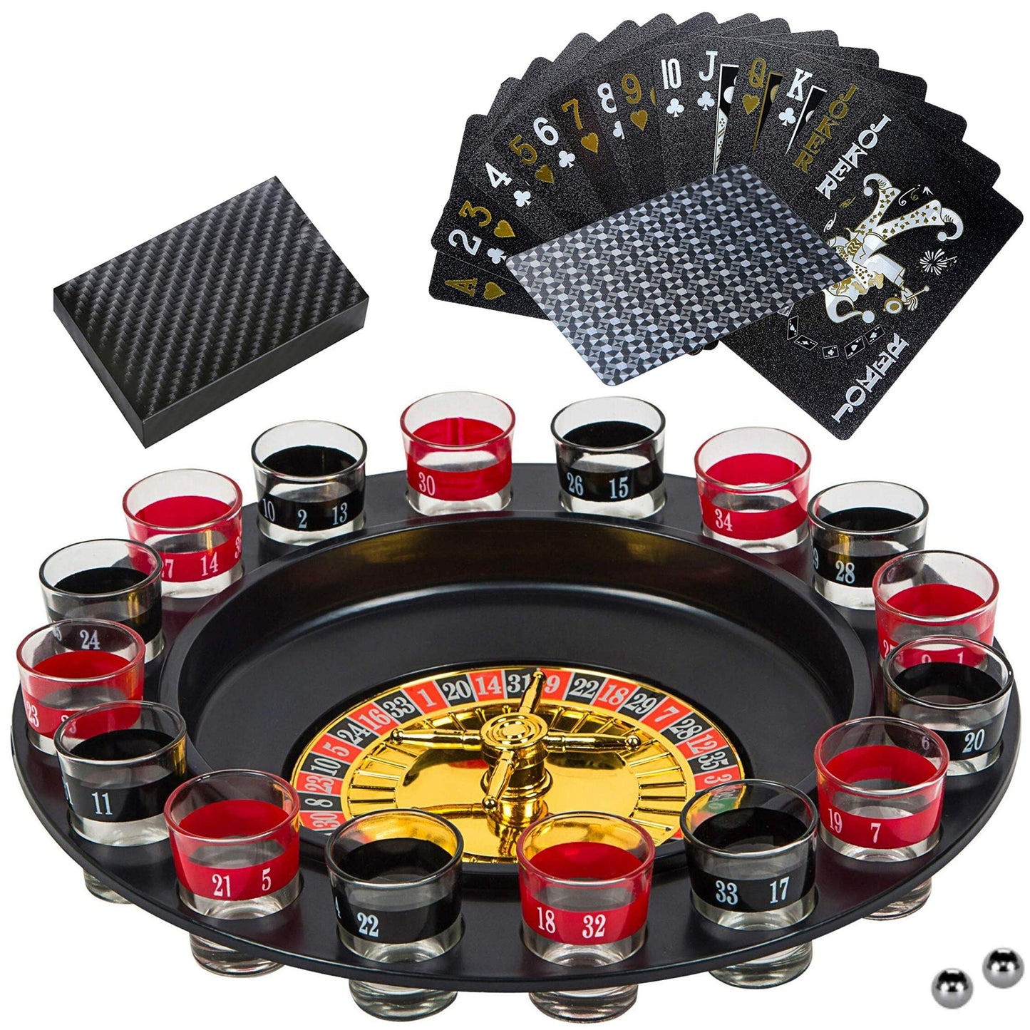 BETTERLINE Shot Glass Roulette Game + Poker Cards Set – 12" Wheel, 16 Glasses