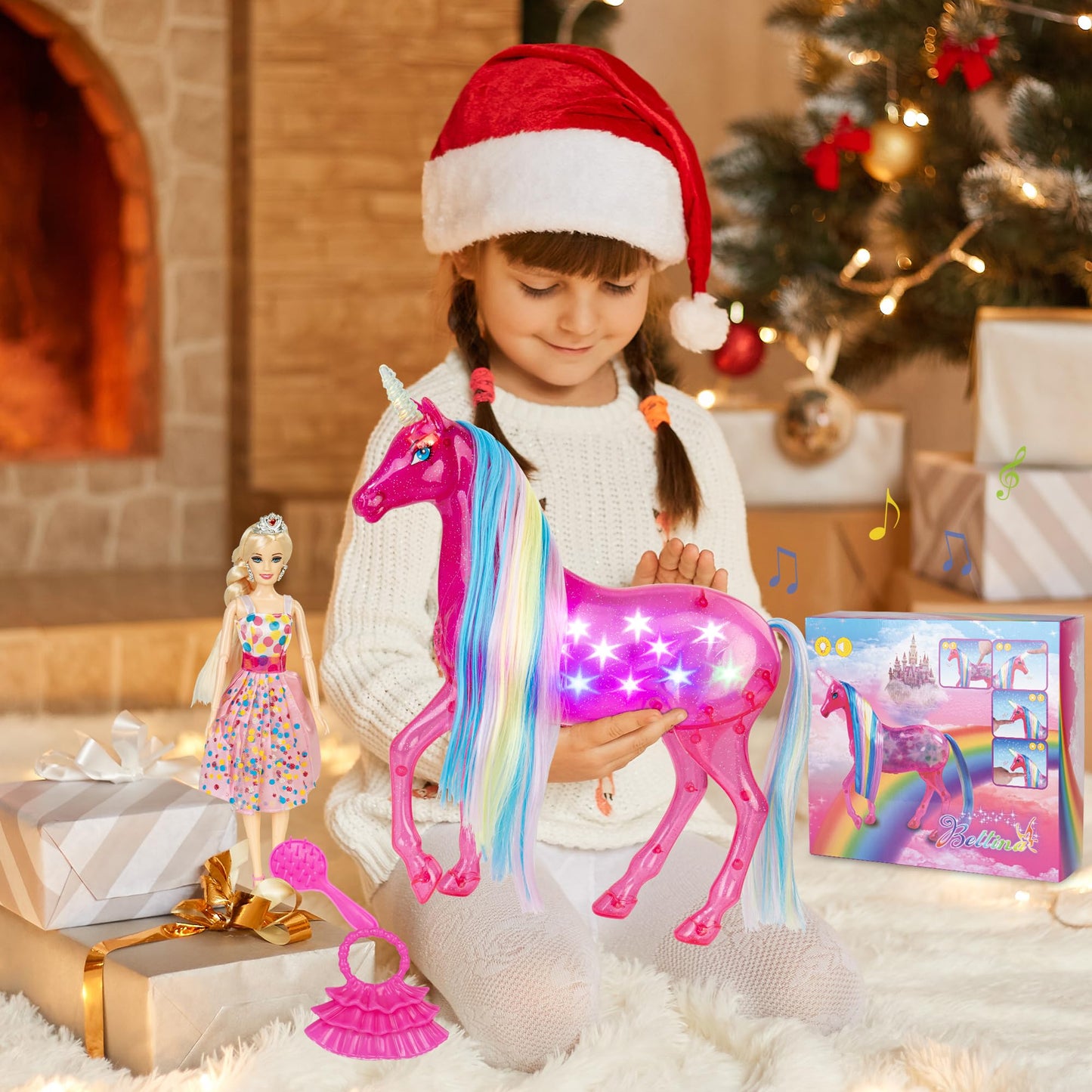 BETTINA My Dreamy Unicorn & Princess Doll Playset – Large Unicorn with Rainbow Lights & Realistic Horse Sounds