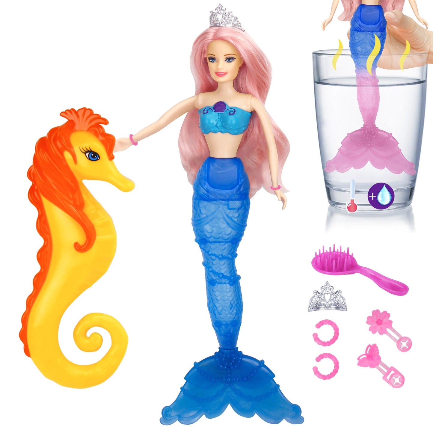 BETTINA Color-Changing Mermaid Doll with Seahorse — Transforming Tail & Purple Hair (12in) Gift for Girls 3-7