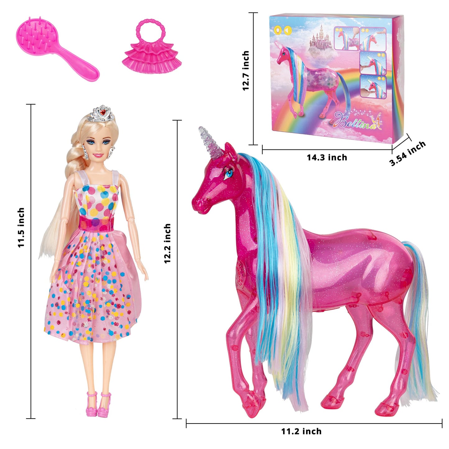 BETTINA My Dreamy Unicorn & Princess Doll Playset – Large Unicorn with Rainbow Lights & Realistic Horse Sounds