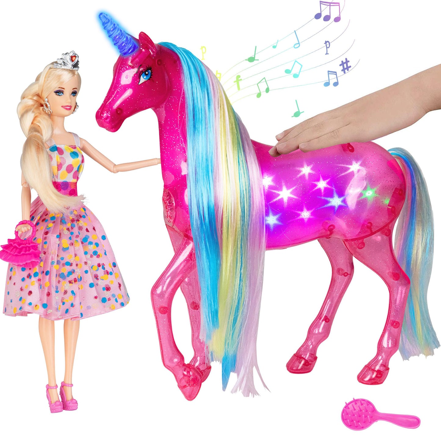 BETTINA My Dreamy Unicorn & Princess Doll Playset – Large Unicorn with Rainbow Lights & Realistic Horse Sounds