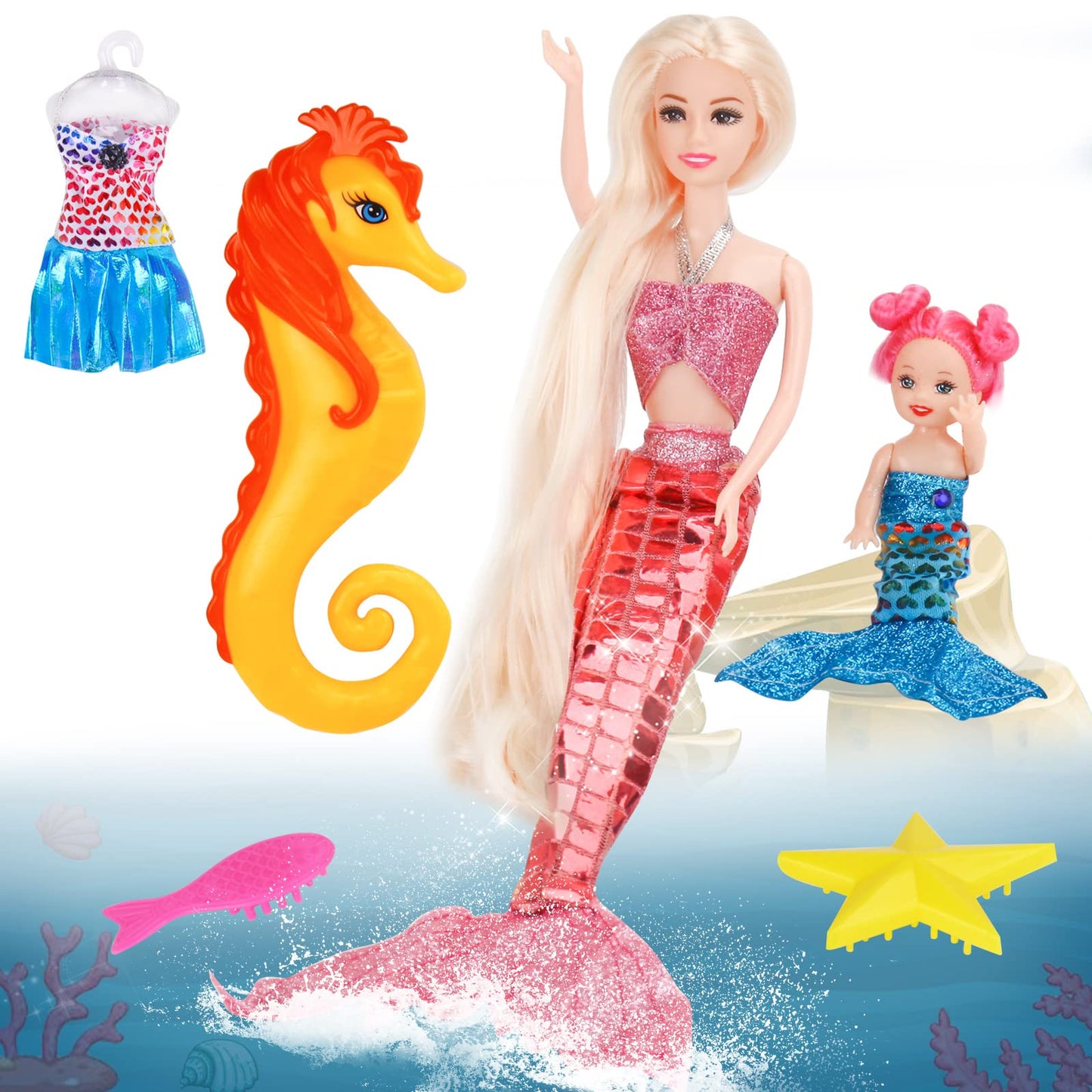 Bettina 12'' Mermaid Princess Doll + 3'' Mermaid & Seahorse Gift Set | Mermaid Toys for Little Girls