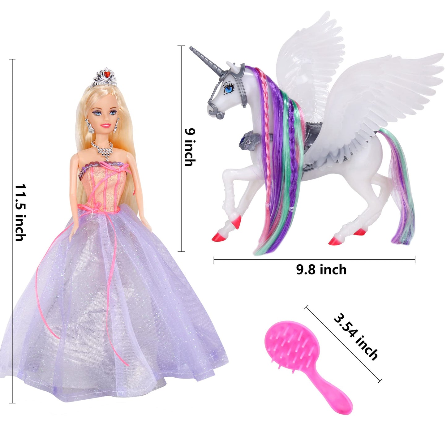 BETTINA Color Changing Unicorn & Princess Doll — 11.5'' Playset with Detachable Saddle & Wings