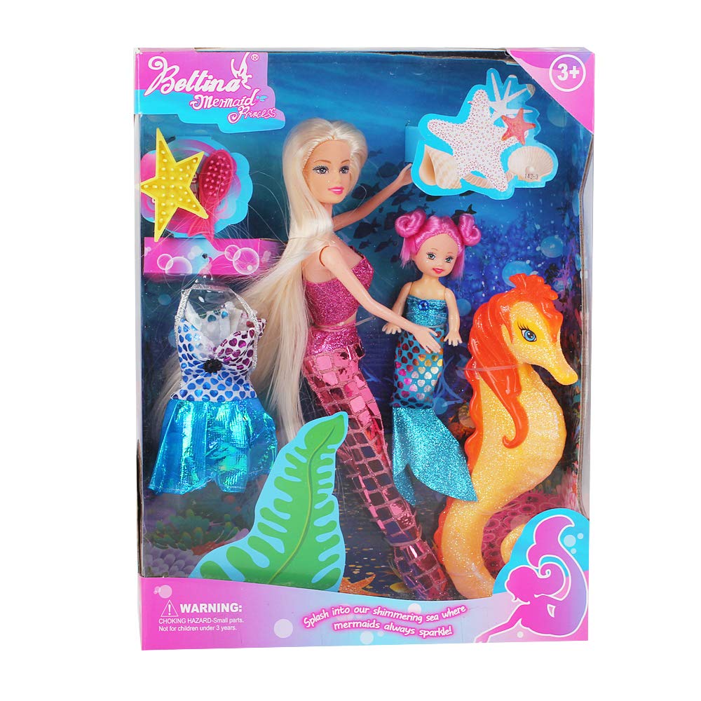 Bettina 12'' Mermaid Princess Doll + 3'' Mermaid & Seahorse Gift Set | Mermaid Toys for Little Girls