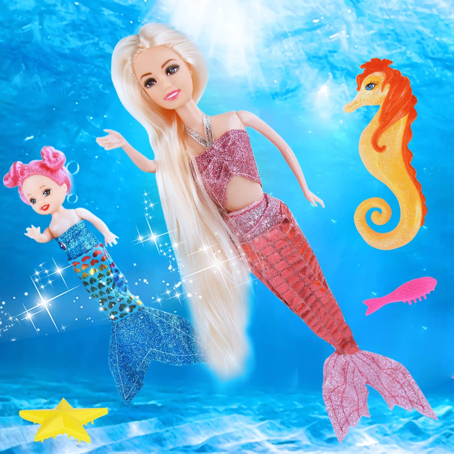Bettina 12'' Mermaid Princess Doll + 3'' Mermaid & Seahorse Gift Set | Mermaid Toys for Little Girls