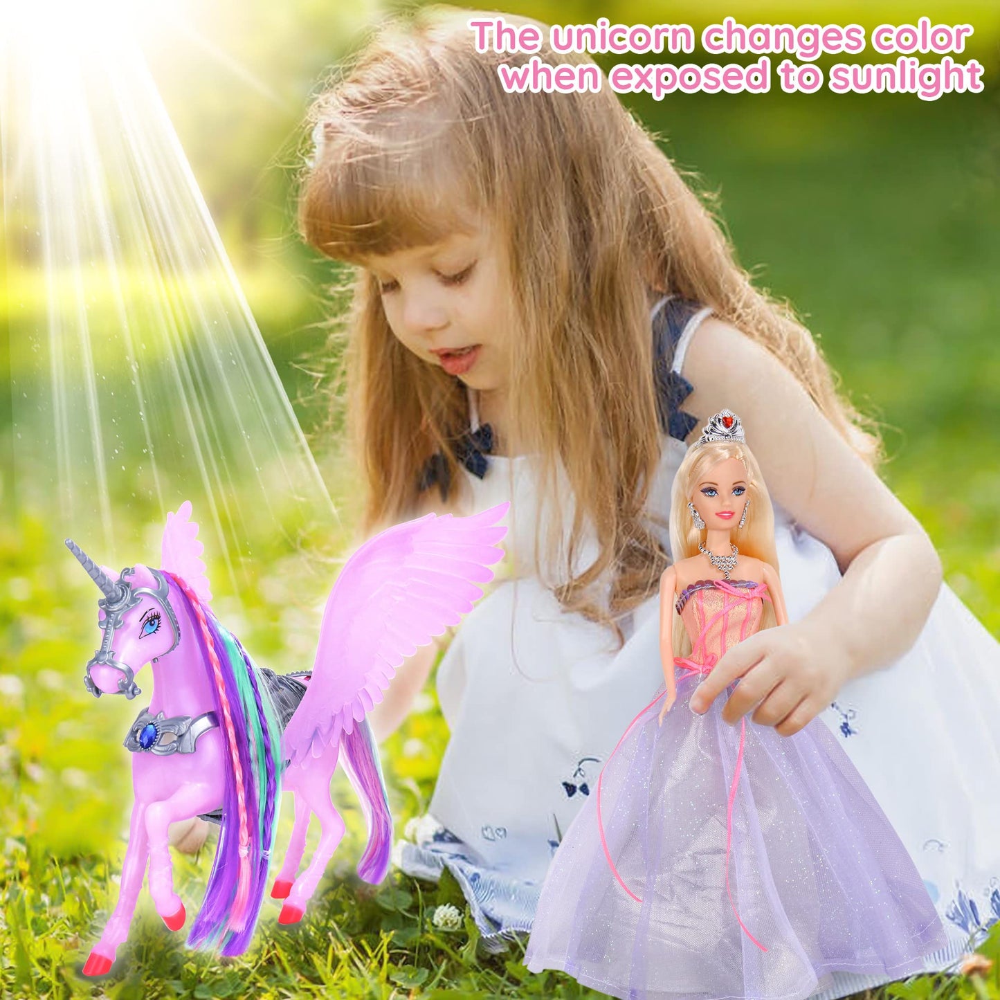 BETTINA Color Changing Unicorn & Princess Doll — 11.5'' Playset with Detachable Saddle & Wings
