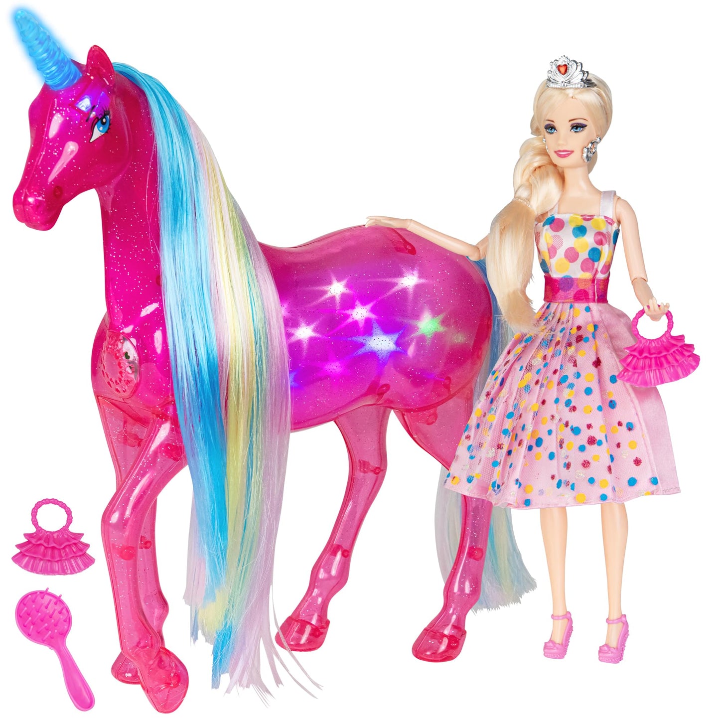 BETTINA My Dreamy Unicorn & Princess Doll Playset – Large Unicorn with Rainbow Lights & Realistic Horse Sounds
