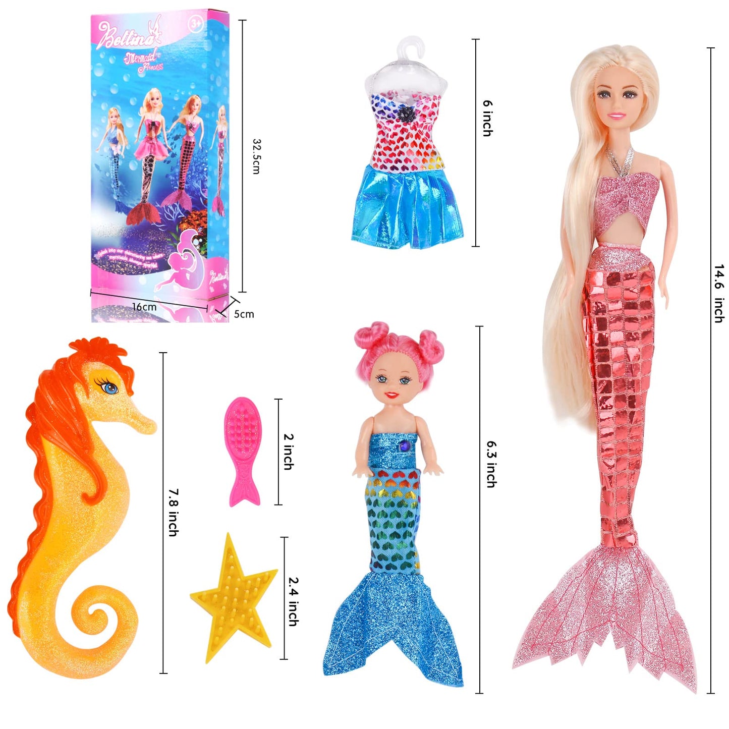 Bettina 12'' Mermaid Princess Doll + 3'' Mermaid & Seahorse Gift Set | Mermaid Toys for Little Girls