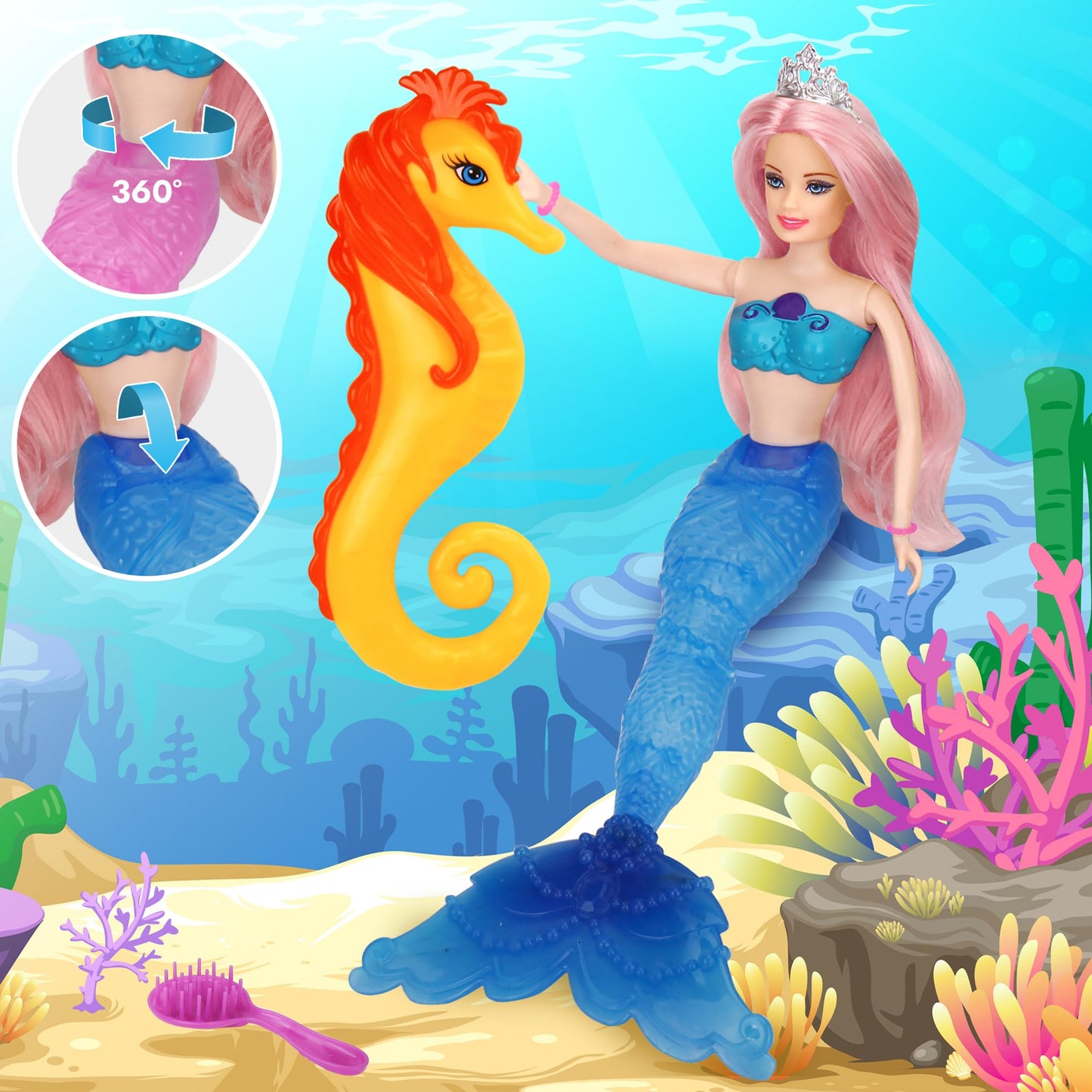 BETTINA Color-Changing Mermaid Doll with Seahorse — Transforming Tail & Purple Hair (12in) Gift for Girls 3-7