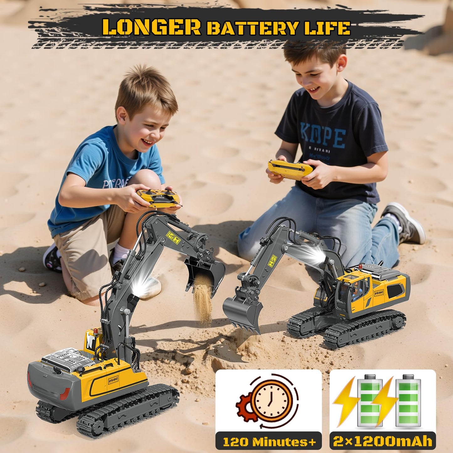 BEWEAI RC Excavator Toy – 11-Channel 2.4GHz, Dual Batteries, LED Lights