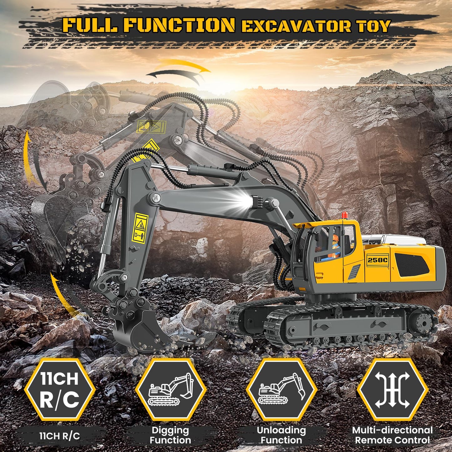 BEWEAI RC Excavator Toy – 11-Channel 2.4GHz, Dual Batteries, LED Lights