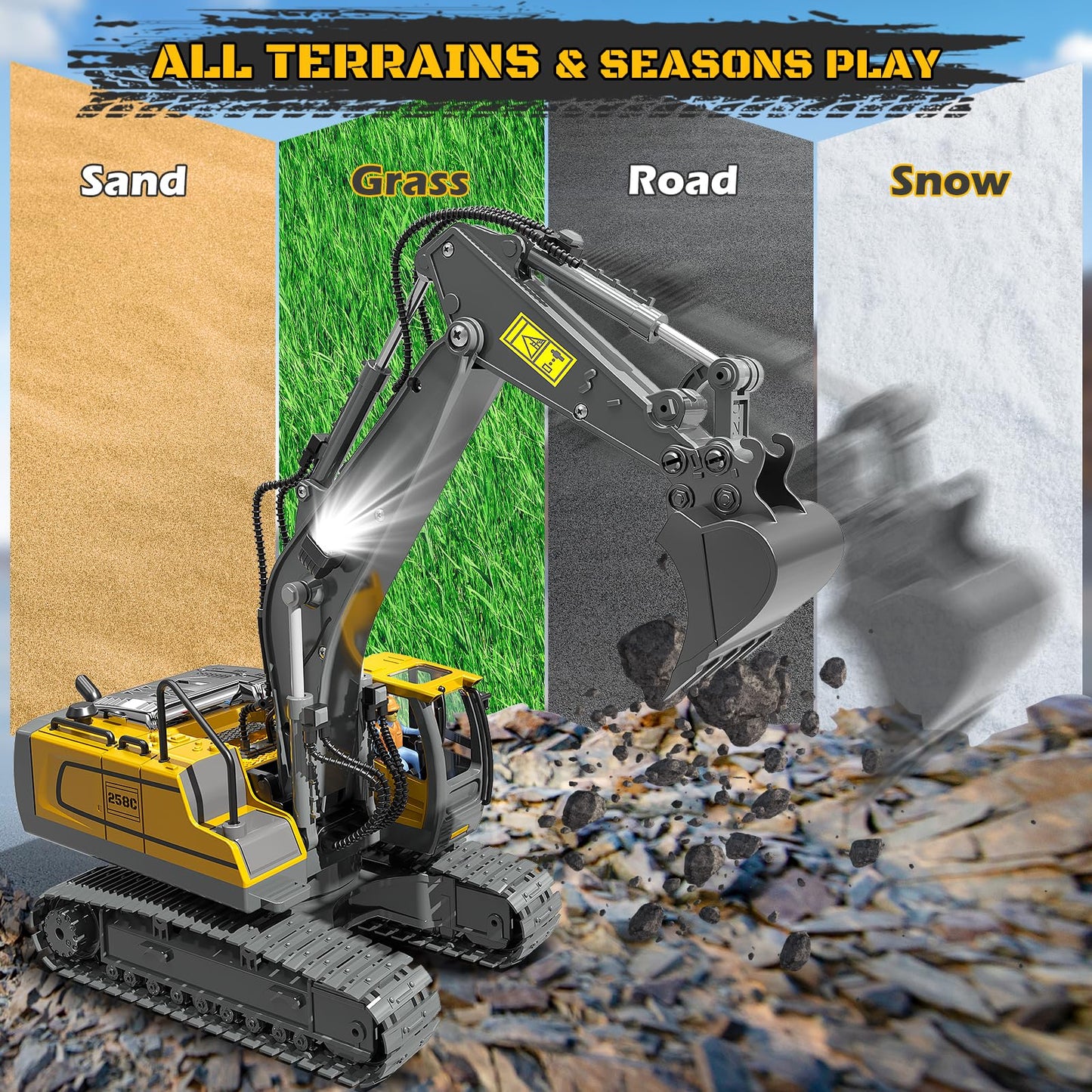 BEWEAI RC Excavator Toy – 11-Channel 2.4GHz, Dual Batteries, LED Lights